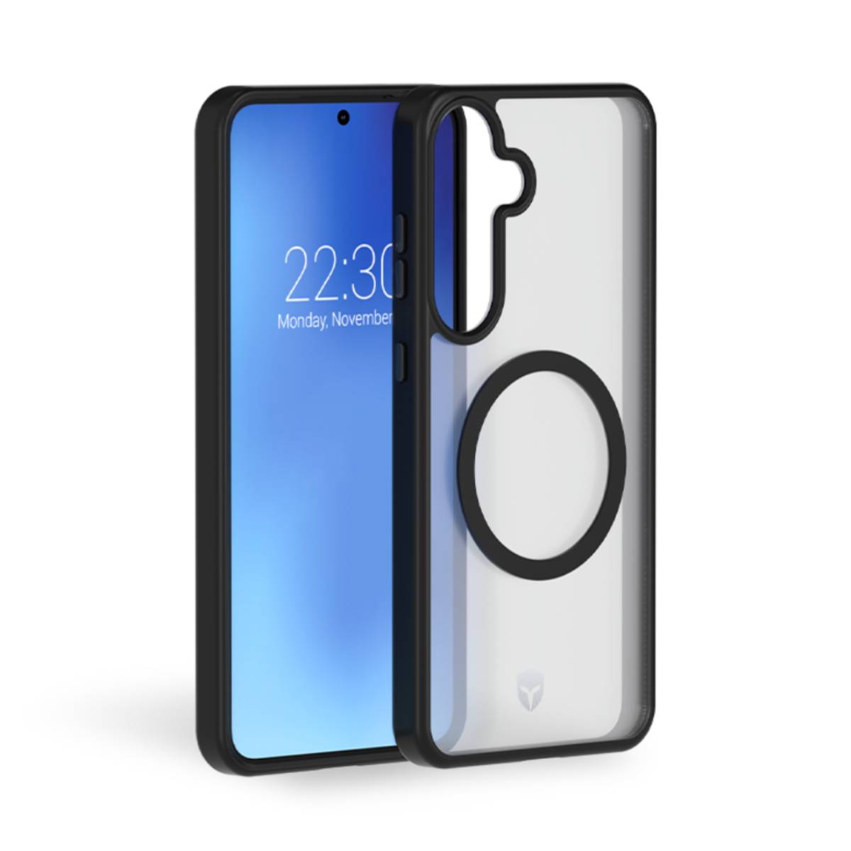 Telefono con custodia, che mostra una custodia nera con un cerchio. Schermo del telefono nero, sfondo bianco.
