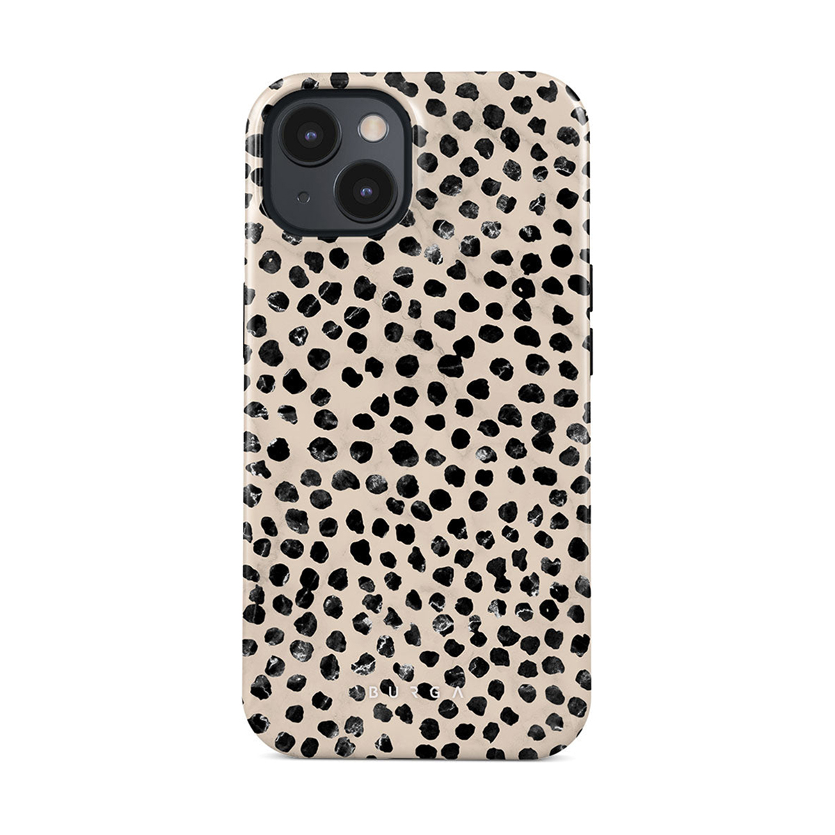 Beige Handyhülle mit schwarzen Polka-Dots. Die Hülle hat Aussparungen für Kamera und Knöpfe.