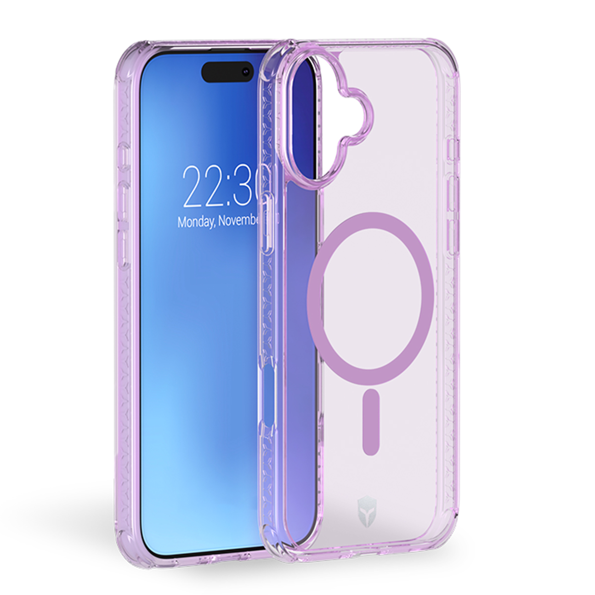 Custodia per telefono viola con un telefono all'interno. Il telefono mostra l'ora e la data.
