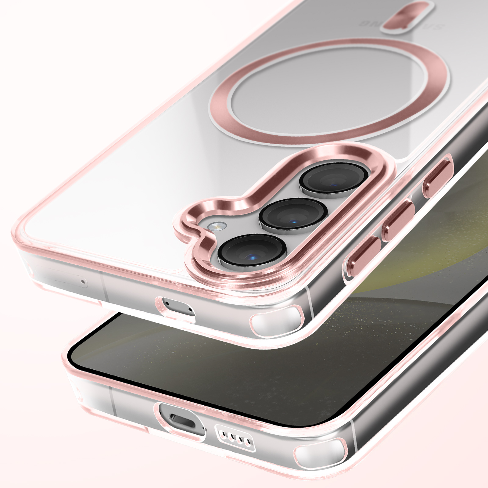 Custodia trasparente per telefono con dettagli oro rosa. Due custodie impilate, che mostrano i dettagli del telefono.