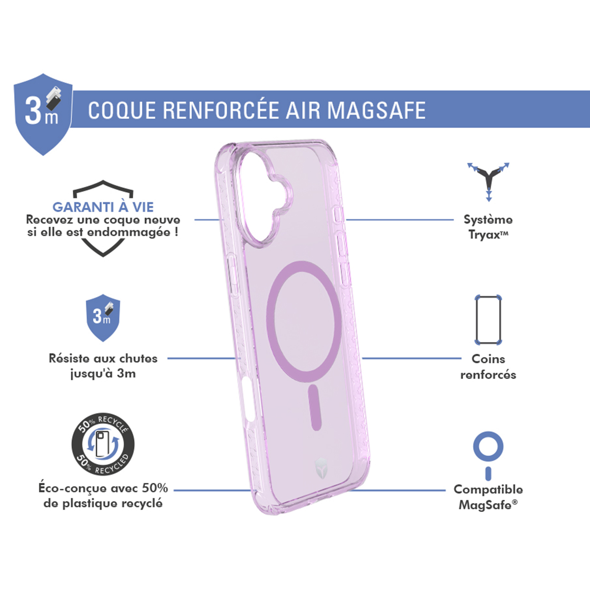 Una custodia per telefono viola con un cerchio al centro e del testo. Dice, 'Coque Renforcee Air Magsafe'.