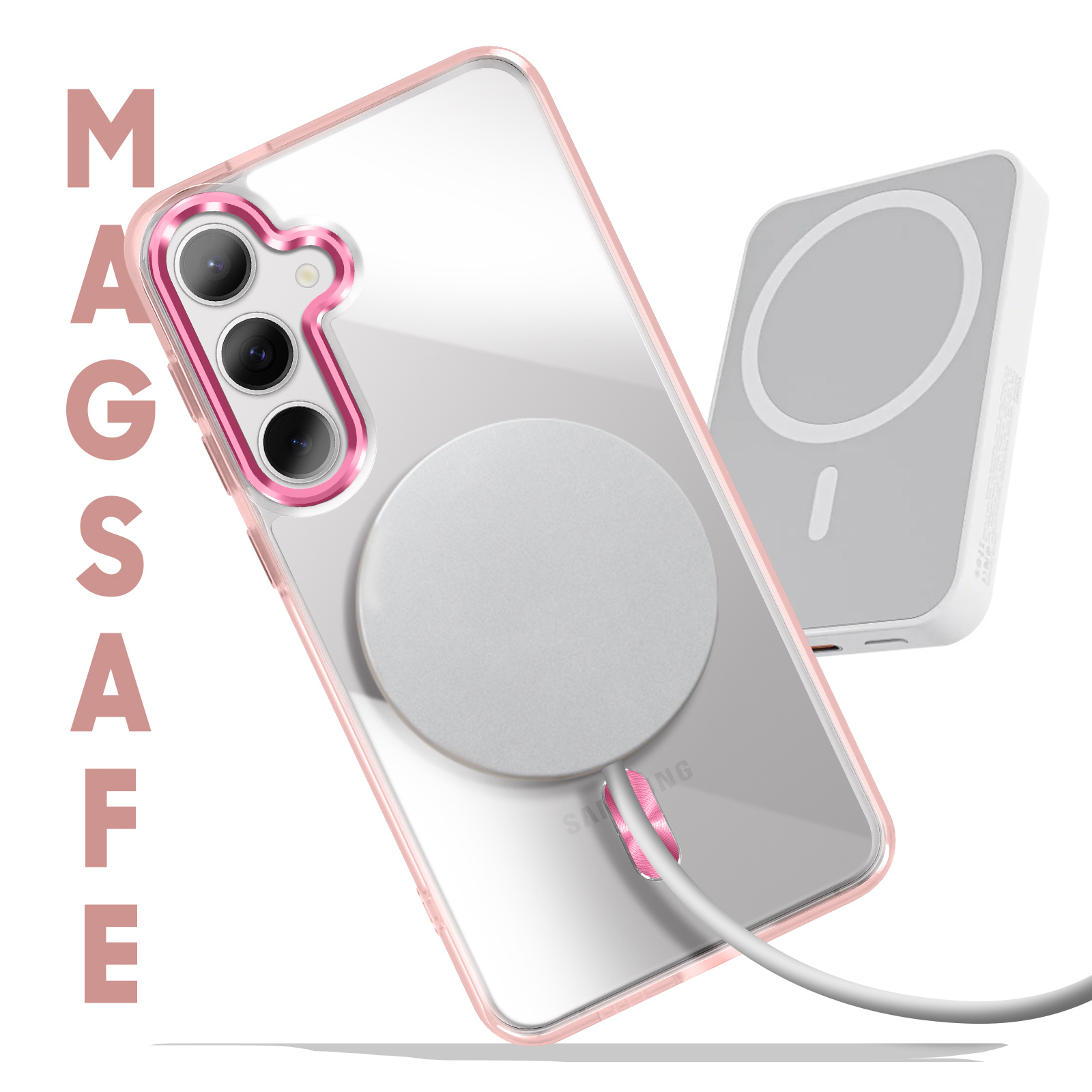 Custodia con MagSafe e caricatore, rosa e bianco. Parole chiave: MagSafe, custodia, caricatore, rosa, bianco.