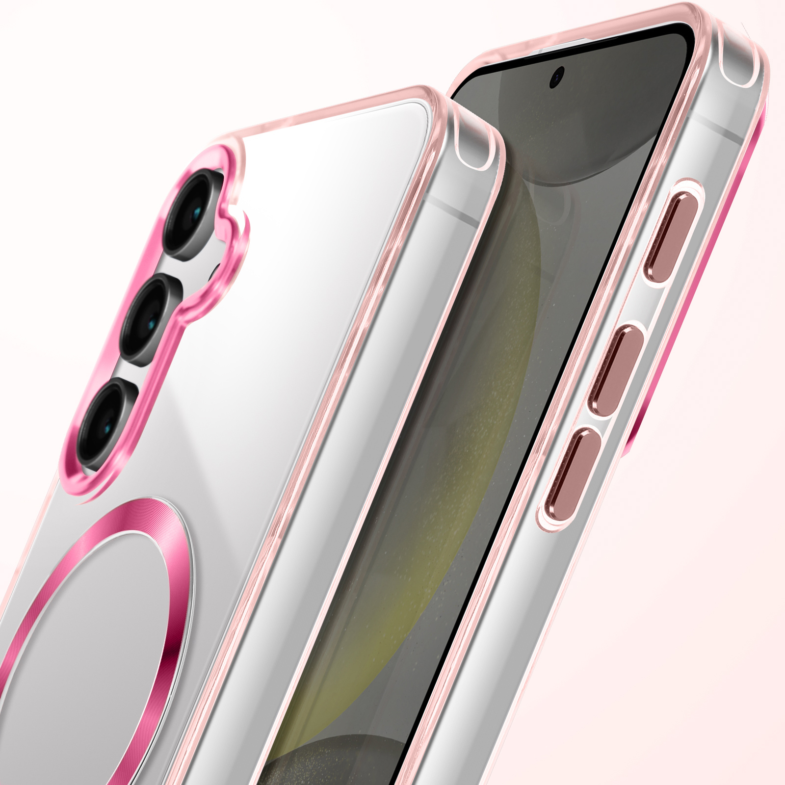 Telefono in una custodia rosa. La custodia ha un rialzo per la fotocamera e un anello magnetico. Il telefono ha uno schermo.