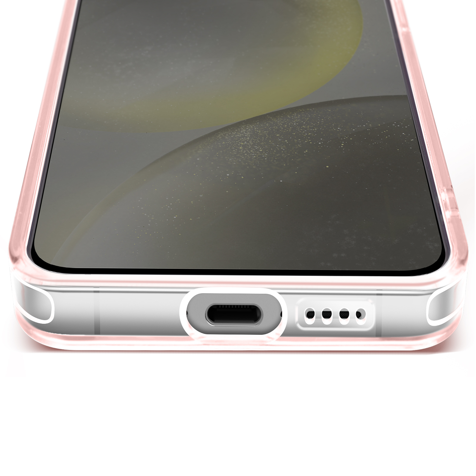 Primo piano di un telefono con cornice rosa e porta di ricarica su superficie bianca.