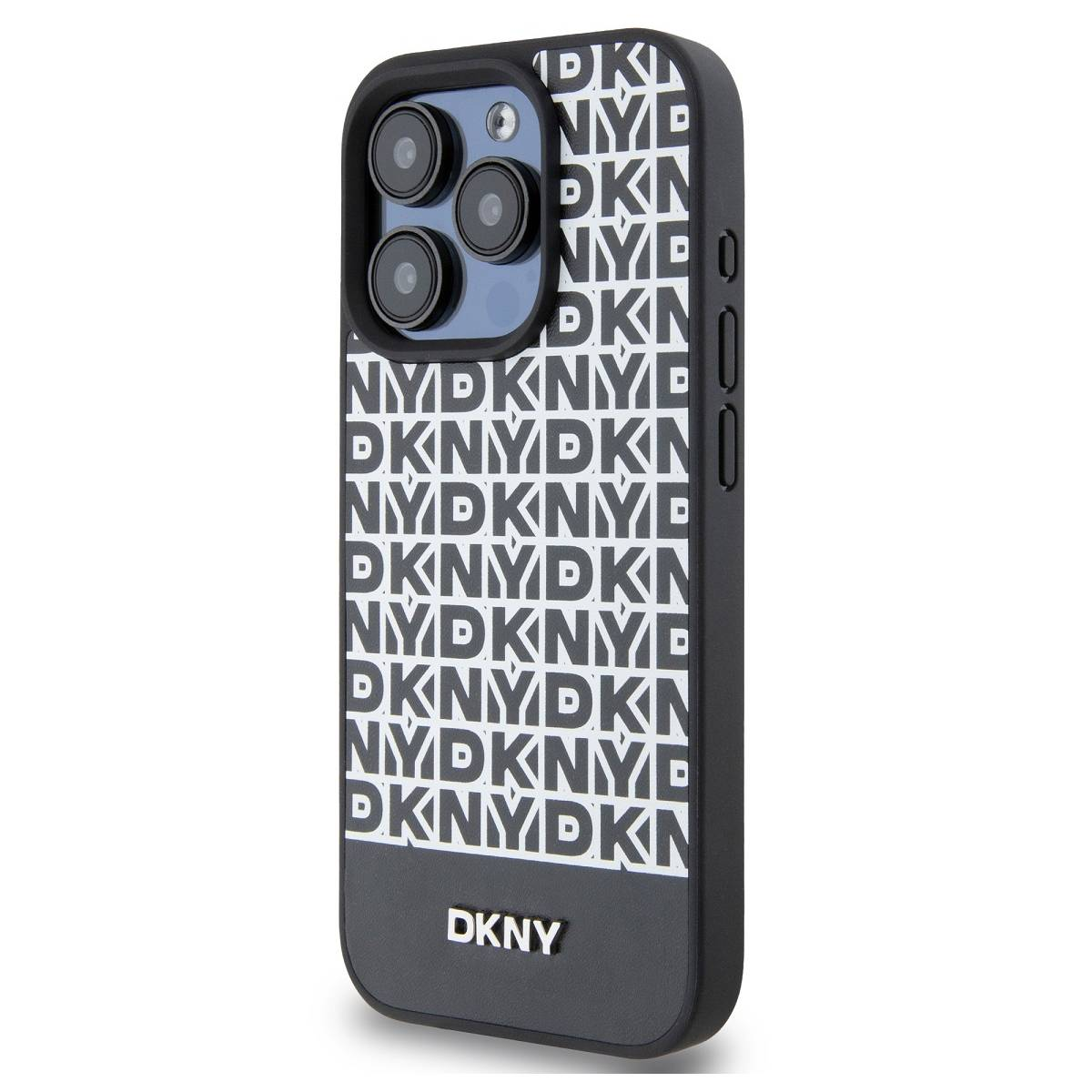Custodia per telefono DKNY nera. La custodia è nera con testo DKNY bianco. Sfondo bianco.