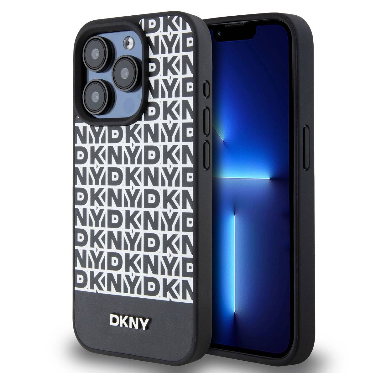 Custodia con motivo logo DKNY. Telefono all'interno con schermo nero.