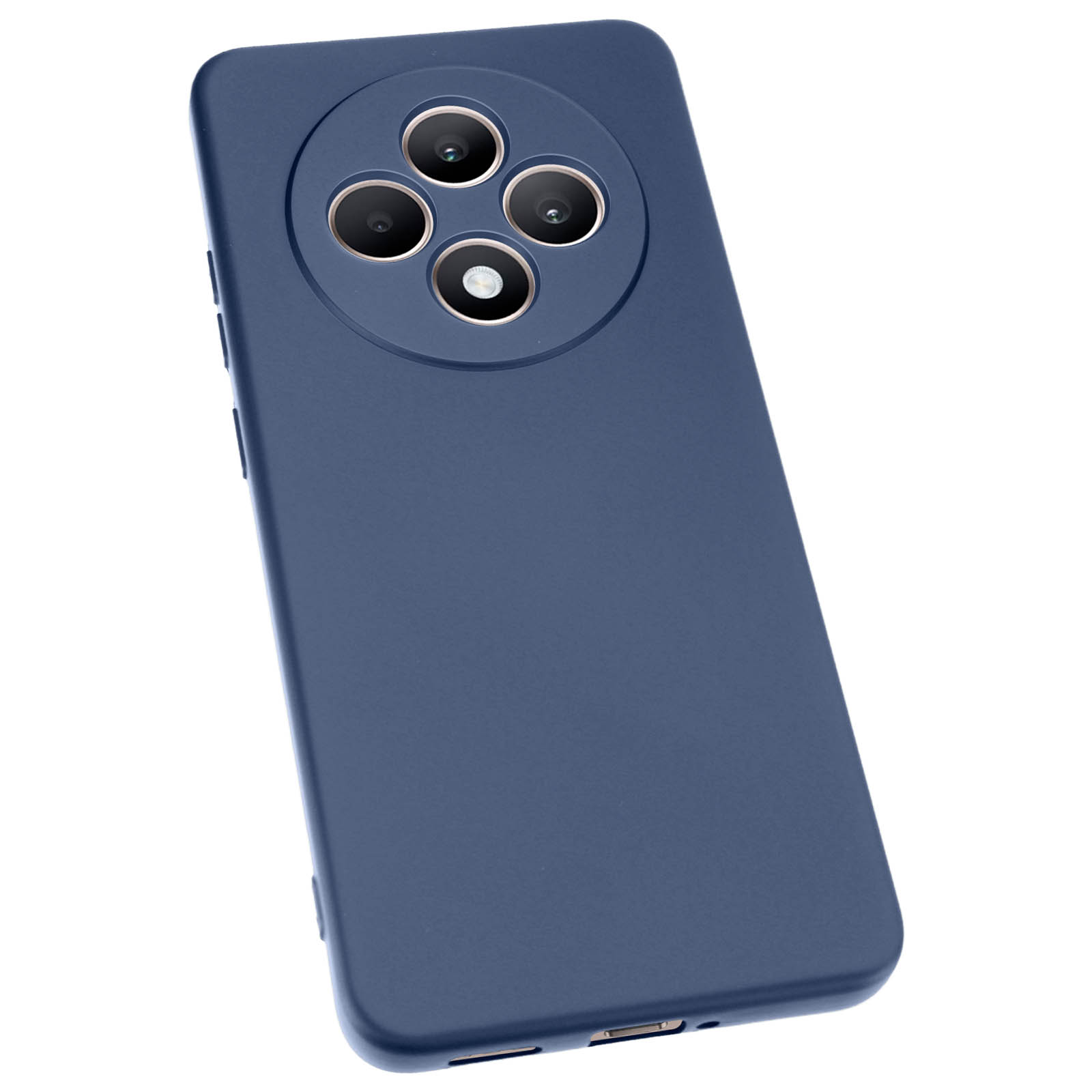 Custodia per telefono blu scuro con ritaglio per la fotocamera. Il retro del telefono ha una matrice circolare.