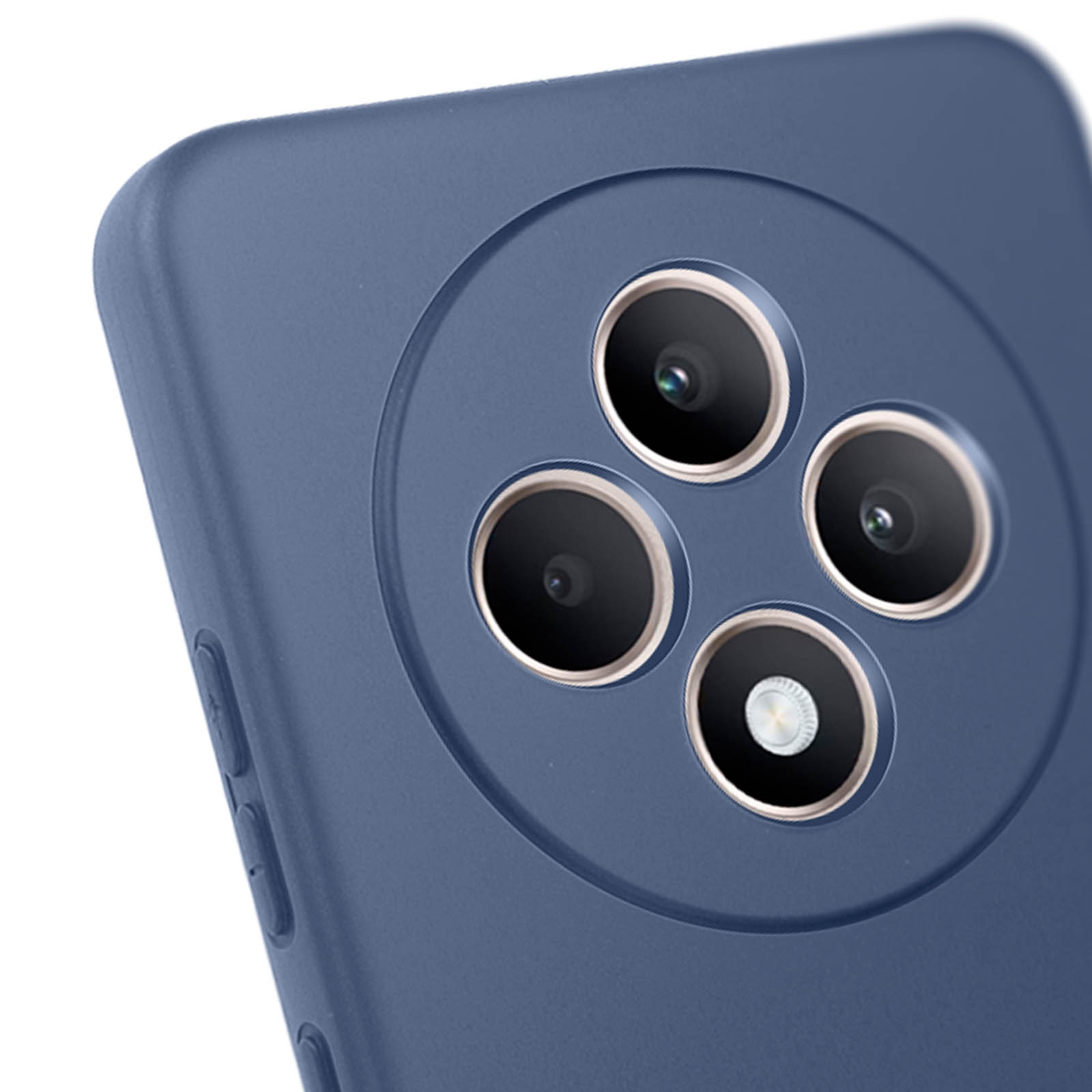 Primo piano di una custodia per telefono blu scuro con quattro obiettivi.