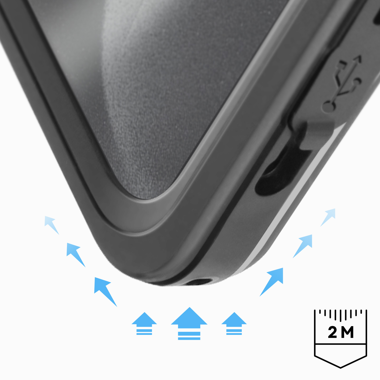 Primo piano di una custodia per telefono nera, frecce che indicano la ventilazione dell'aria.