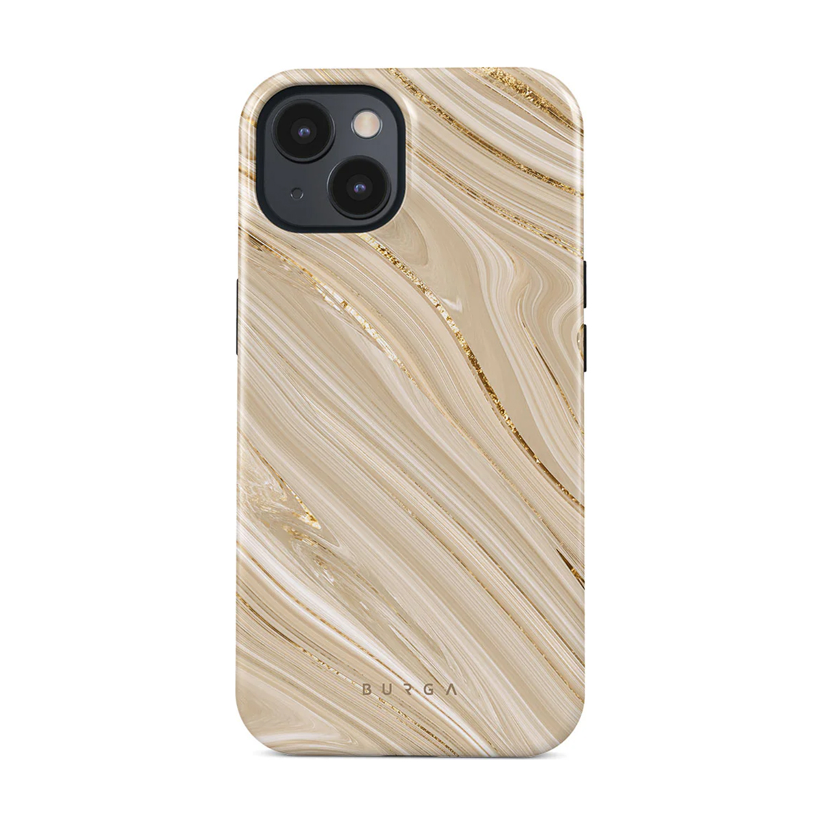Handyhülle mit Marmordesign, beige mit Goldadern. Das Wort BURGA ist sichtbar.