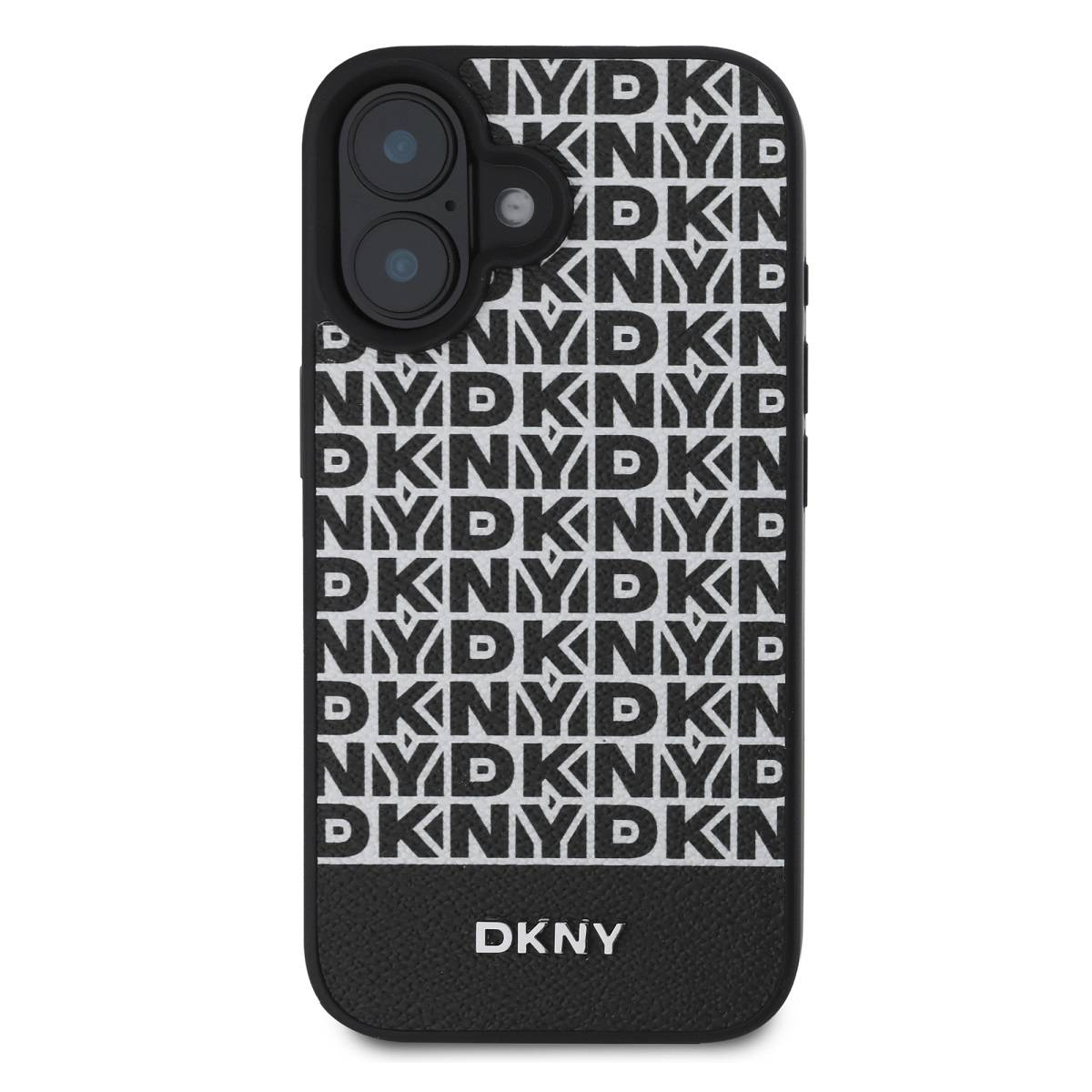 Custodia per telefono nera con motivo a testo DKNY bianco sul retro. Sfondo bianco.