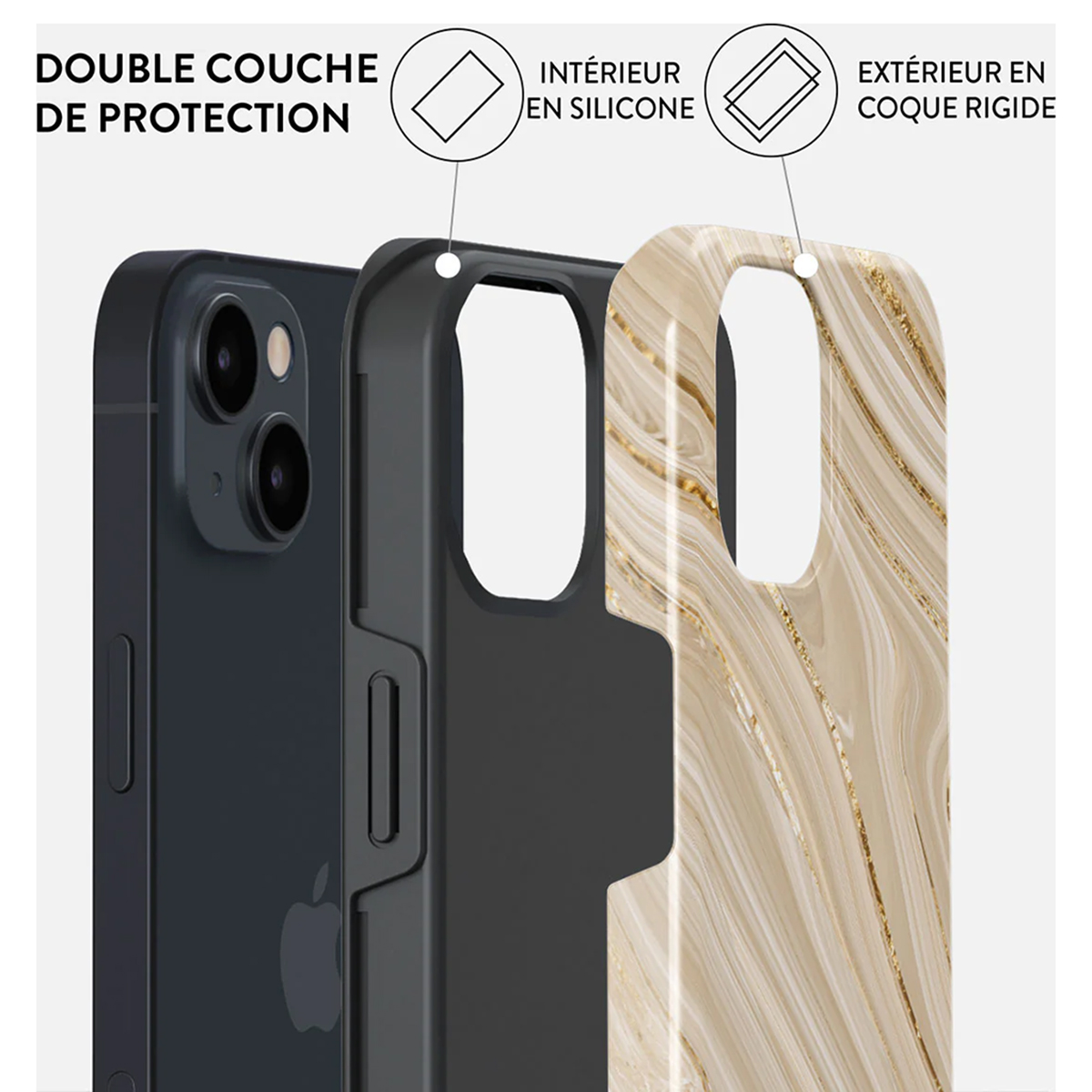 Handyhülle Schichten: schwarzes Telefon, schwarzer Innenraum, goldfarbener Marmor außen. Text: Doppelschutz, Silikon innen, starre Außenseite.