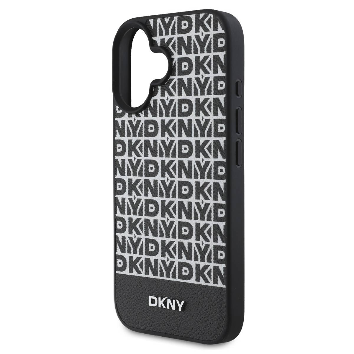 Custodia per telefono nera con testo 'DKNY' bianco. La custodia ha ritagli per la fotocamera e i pulsanti.
