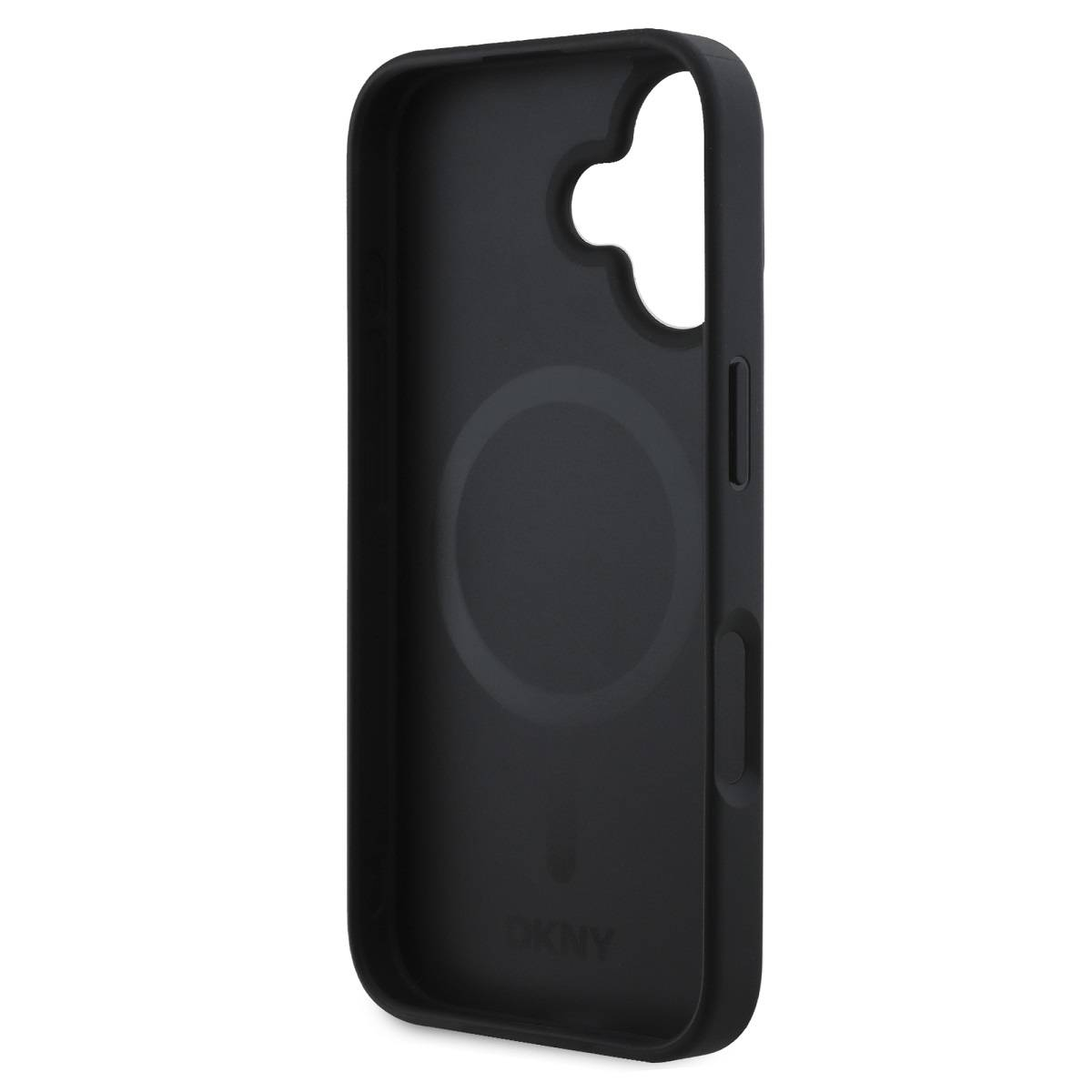 Custodia per telefono DKNY nera, vista interna. Mostra un cerchio per la ricarica wireless.
