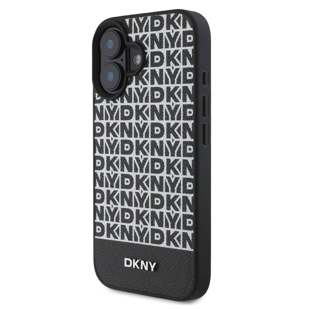 Custodia nera per telefono con motivo logo DKNY ripetuto, sfondo bianco.