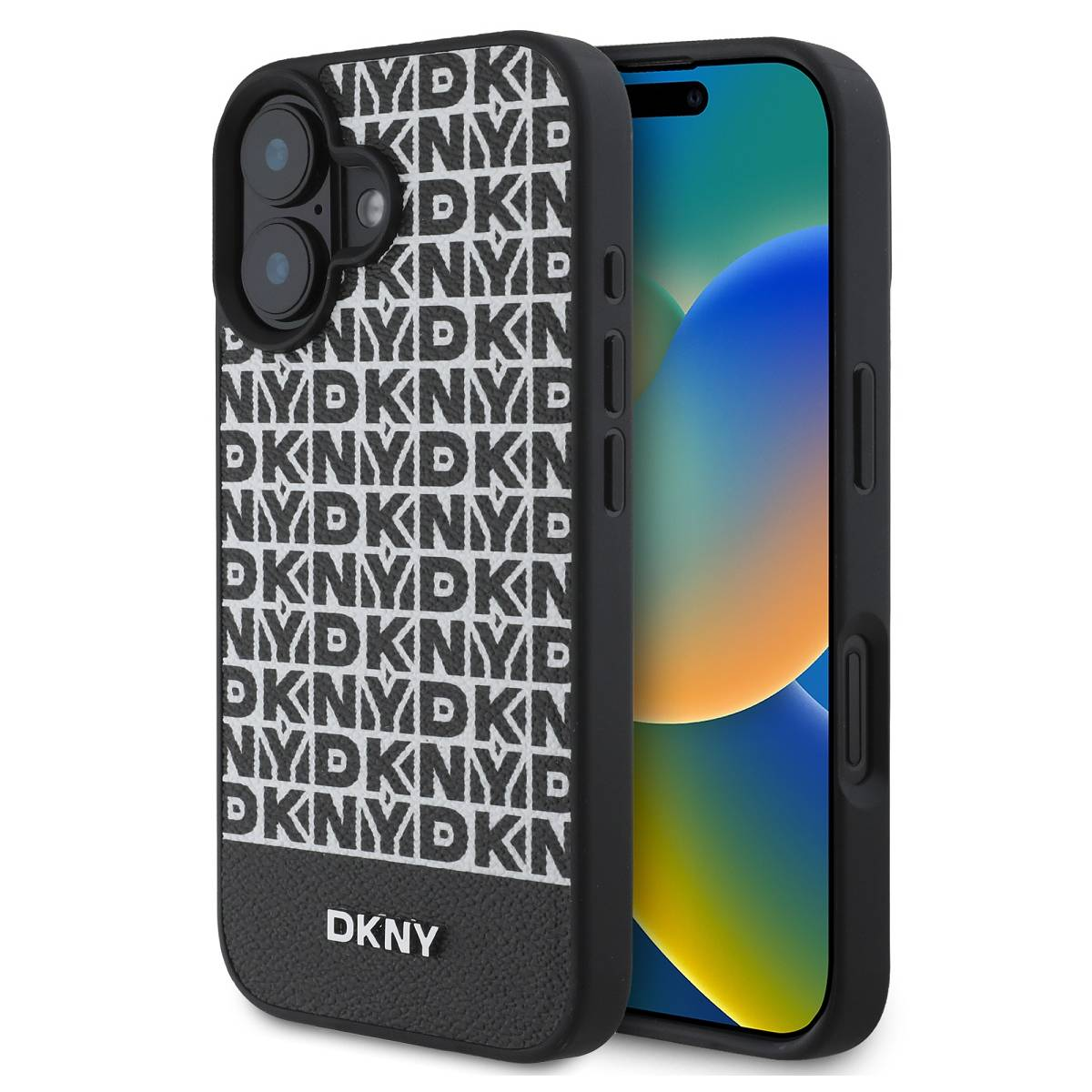 iPhone in una custodia DKNY bianca e nera, con il logo del marchio in basso.