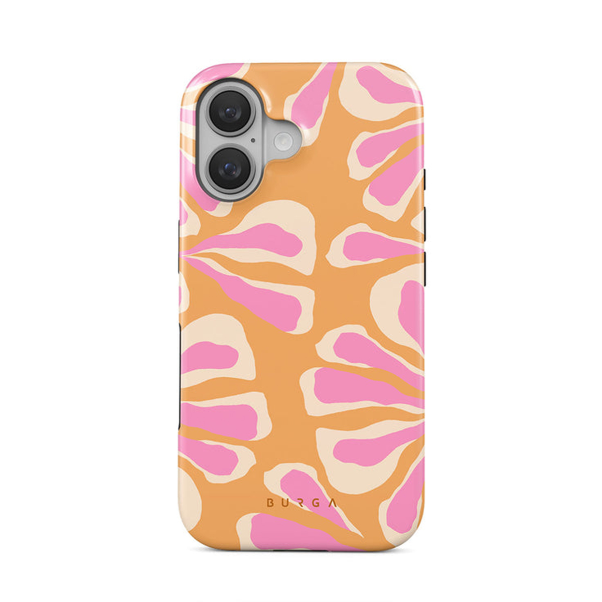 Custodia per telefono con sfondo arancione e design floreale astratto rosa.