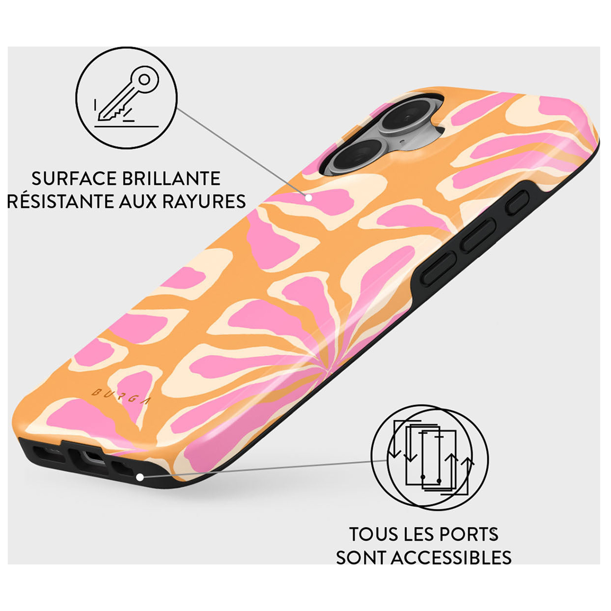 Custodia per telefono con motivo arancione e rosa. Grafica chiave e porte mostrata. Superficie lucida e antigraffio.