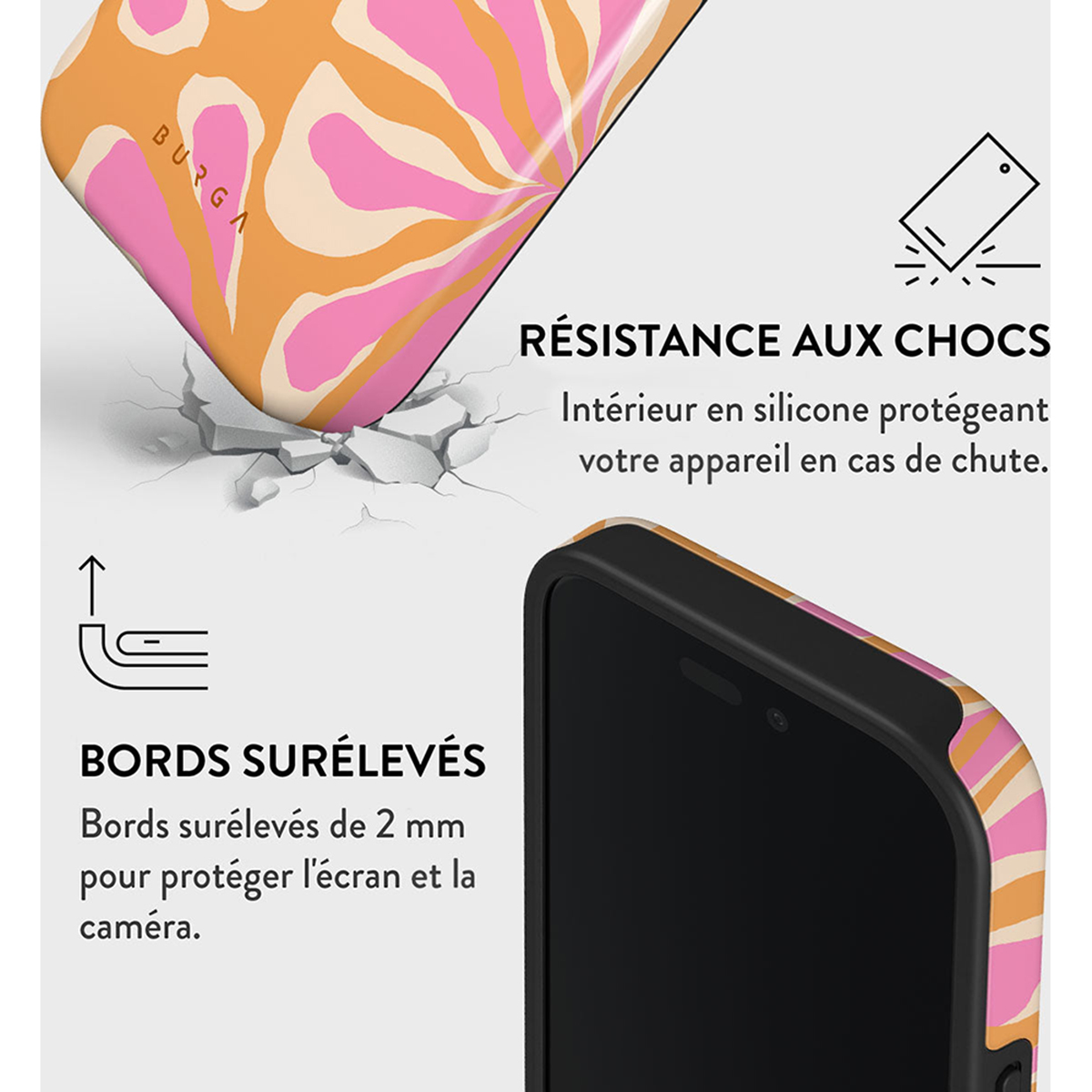 Custodia per telefono con design e testo. Include una superficie incrinata vicino a un telefono.