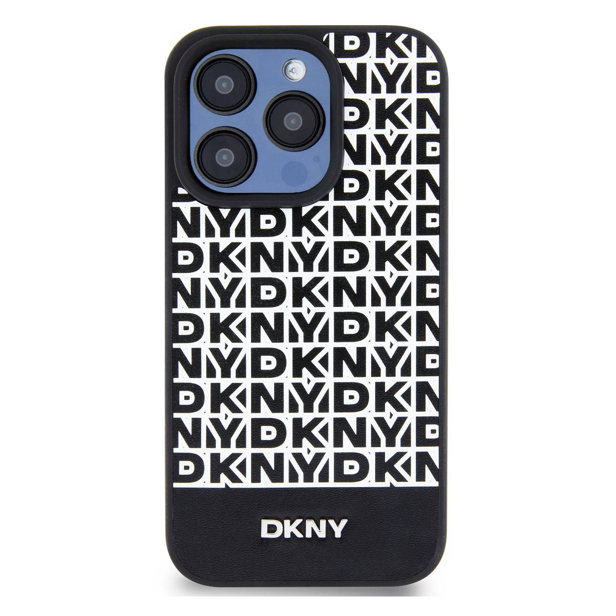 Custodia DKNY in bianco e nero. Sfondo bianco.