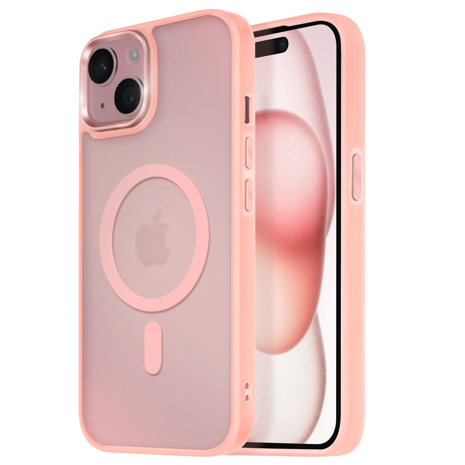 Custodia per telefono rosa con un telefono all'interno. La custodia ha un logo Apple e un anello magnetico. Il telefono è acceso.