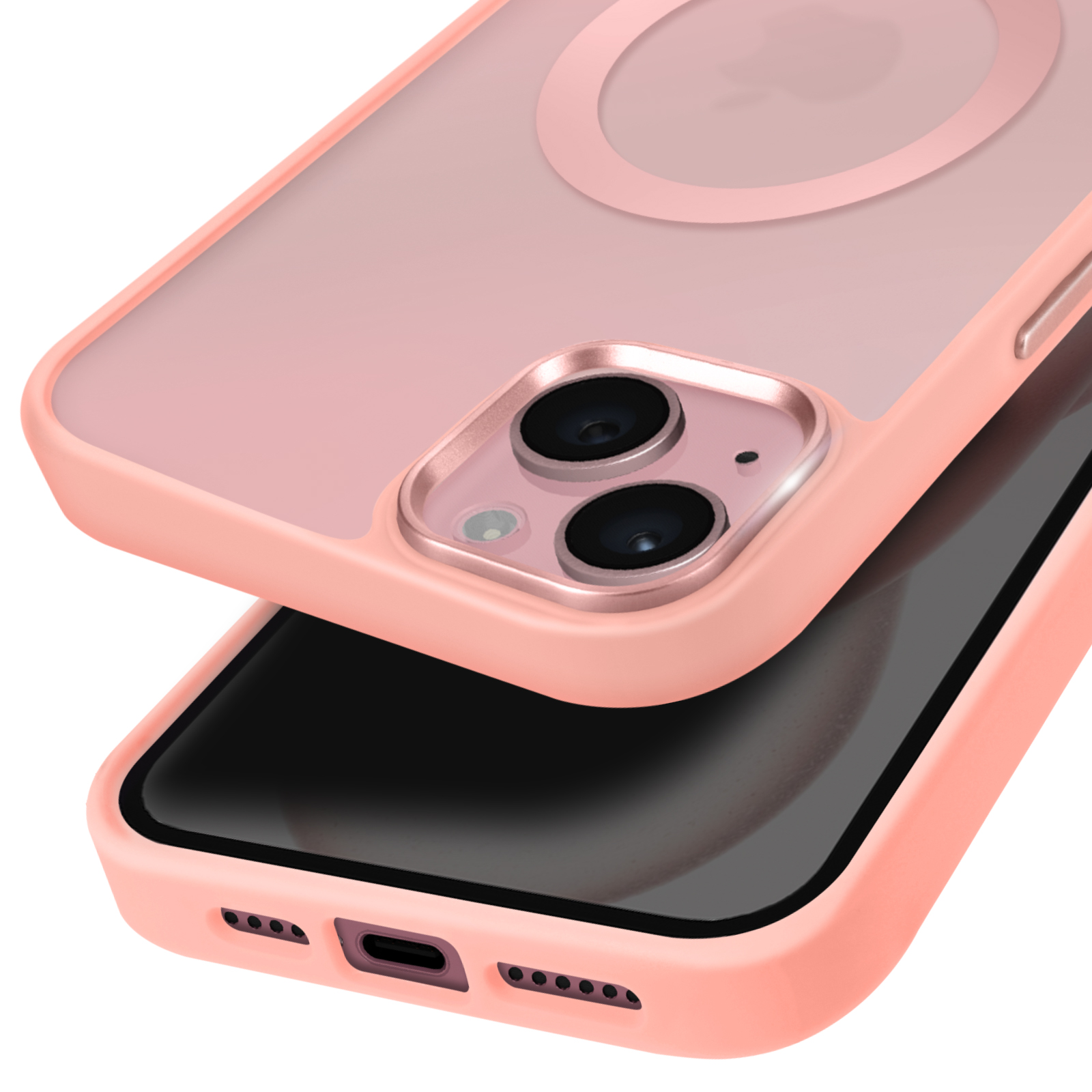 Custodia per telefono rosa con ritagli per la fotocamera e retro trasparente che mostra il telefono.