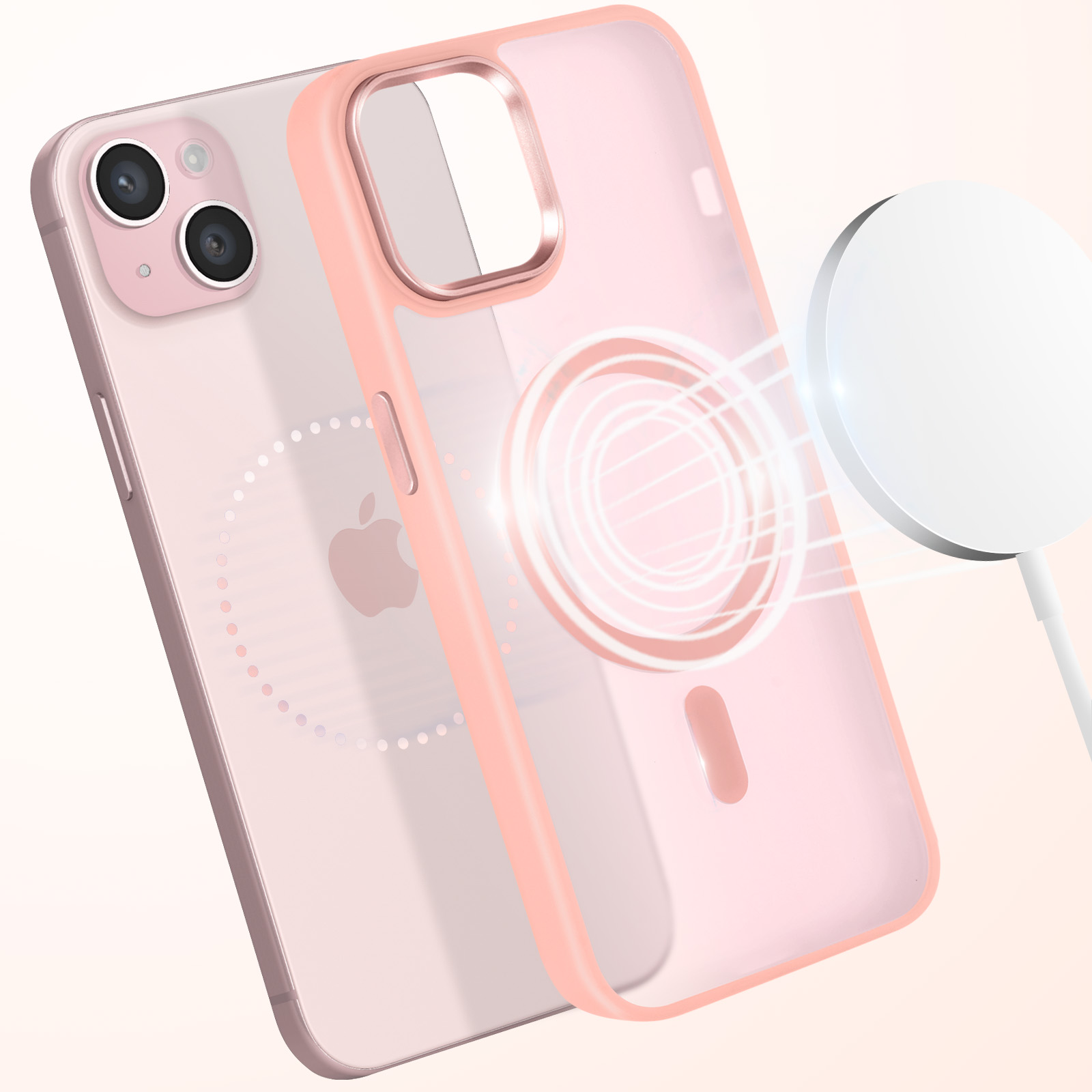 Custodia rosa con MagSafe e caricatore. Parole chiave: custodia, rosa, MagSafe, caricatore.
