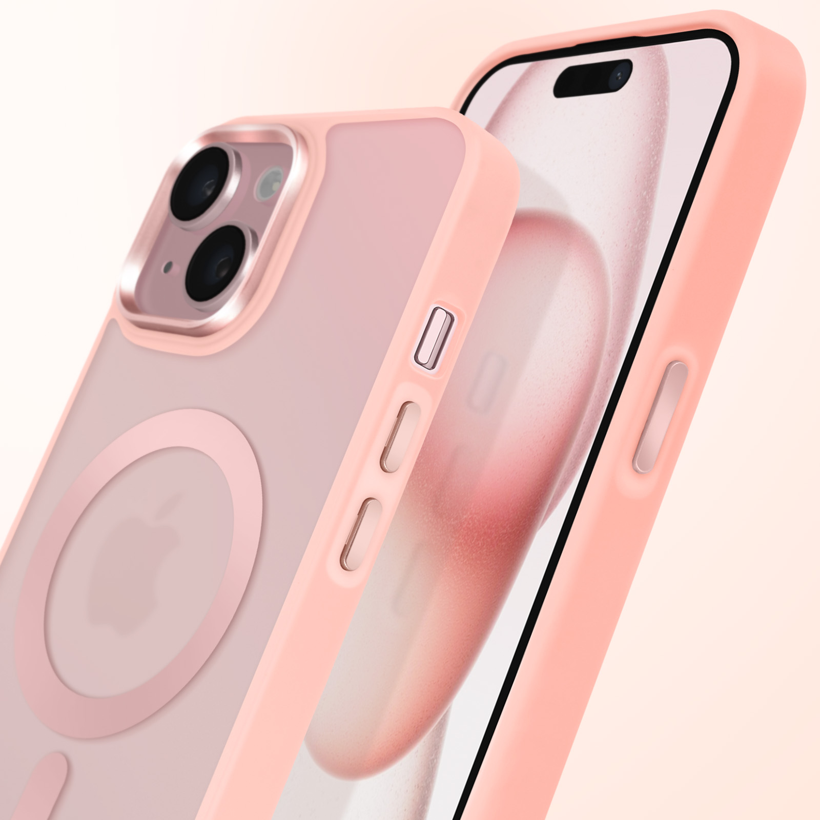 Custodia per telefono rosa con anelli per fotocamera. Il telefono è su uno sfondo color pesca.