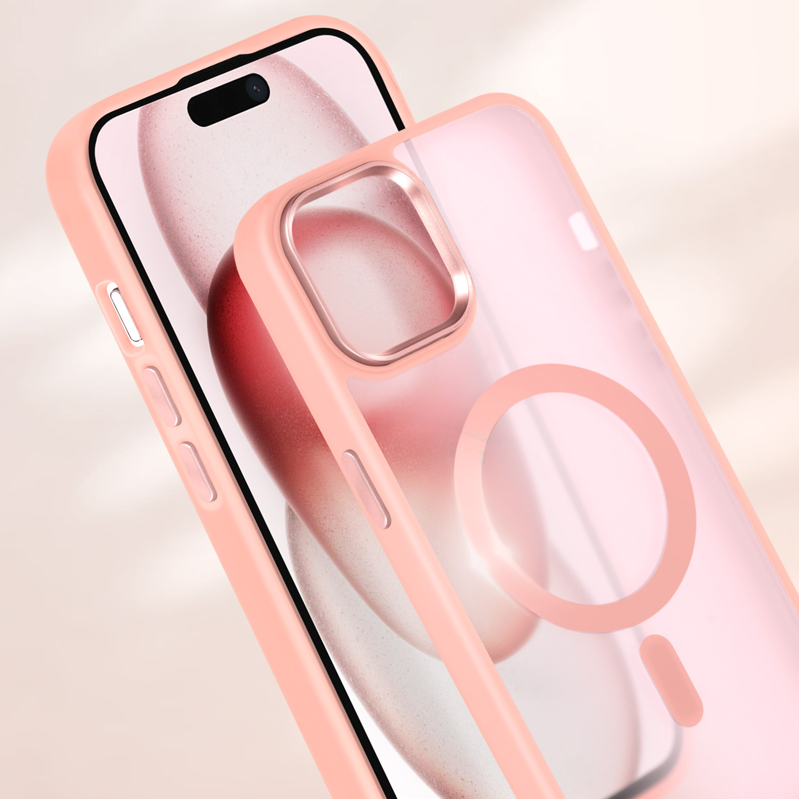 Custodia rosa per telefono sopra un telefono. La custodia è trasparente. Sfondo rosa.