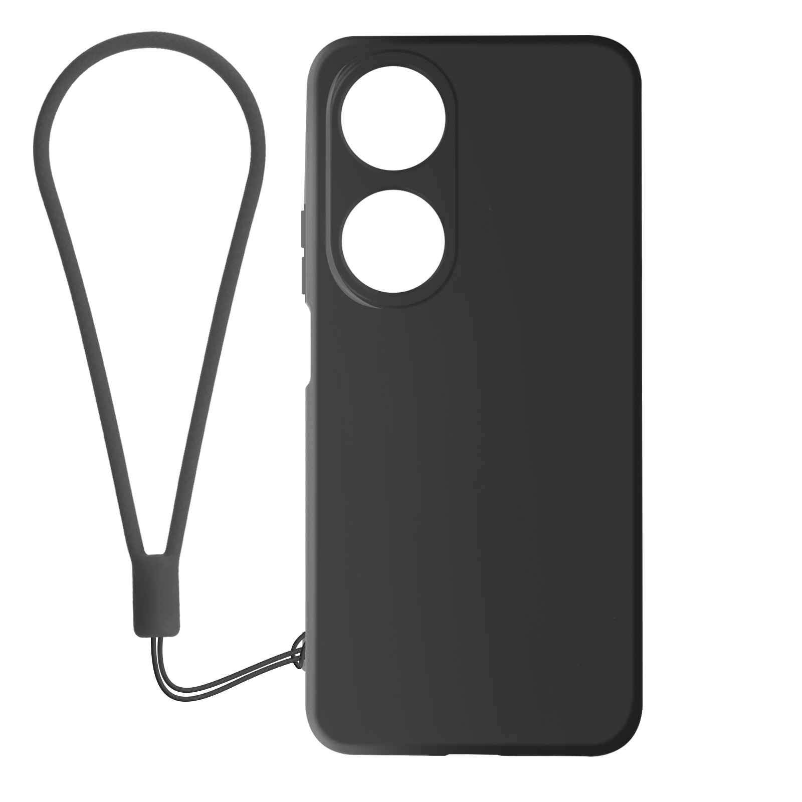 Custodia nera per telefono con cinturino. Ha due lenti della fotocamera.