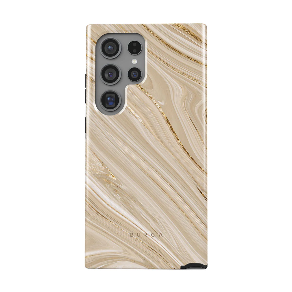 Telefoonhoesje met een marmerpatroon. Het ontwerp is lichtbeige met gouden accenten.