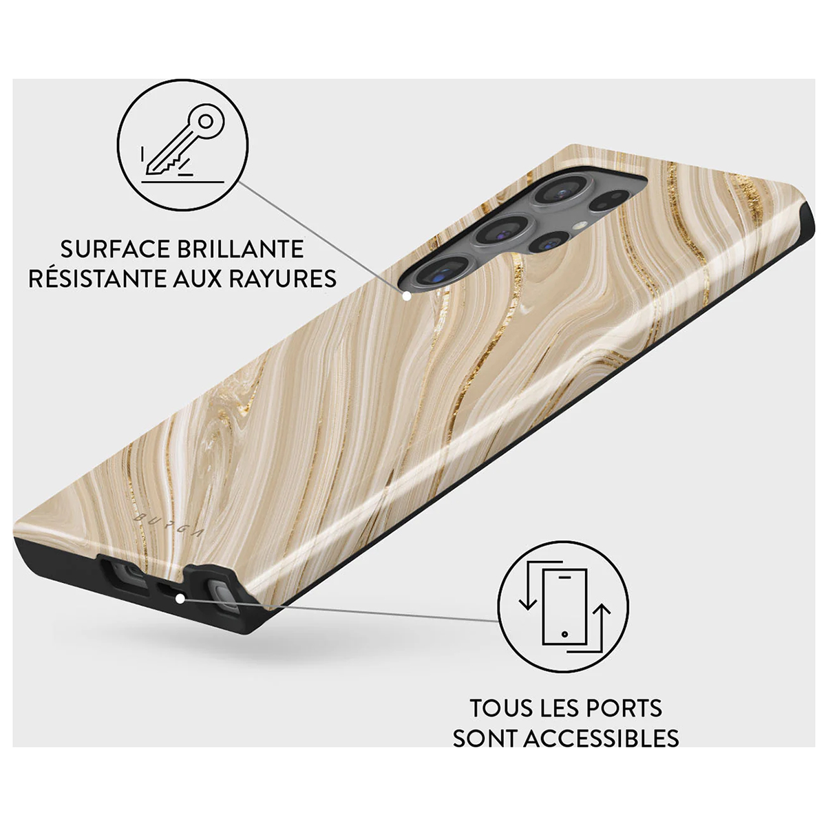 Telefoonhoes met marmerdesign, gouden accenten en tekst over poorten en krasbestendigheid.