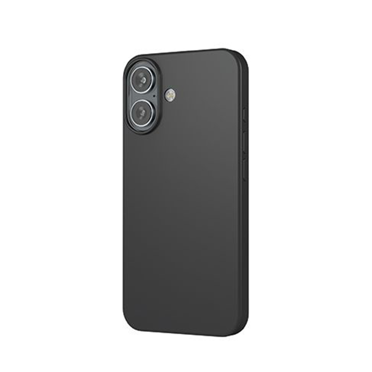 Custodia per telefono nera con foro per la fotocamera. Il telefono è nero e la custodia è su uno sfondo chiaro.