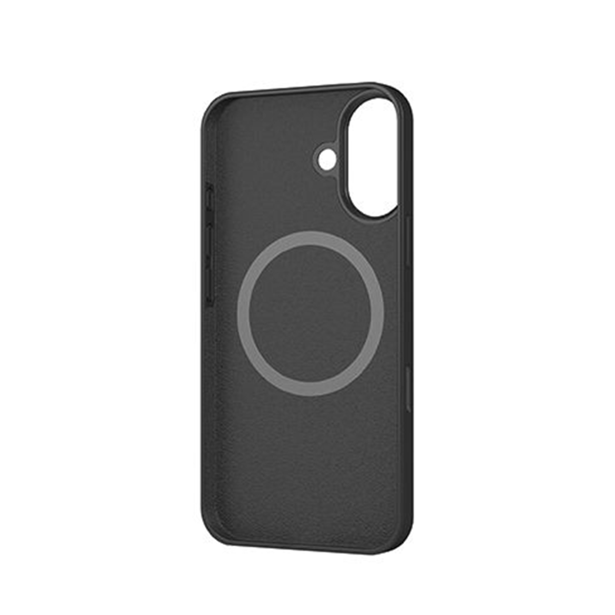 Custodia nera per telefono, vista posteriore. Dotata di anello magnetico e intaglio per la fotocamera.