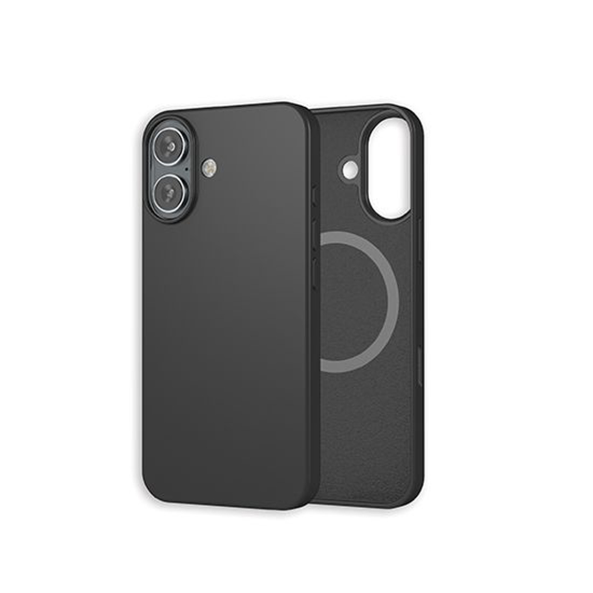 Custodia nera con finitura opaca, accanto al telefono nero, che mostra le lenti della fotocamera.