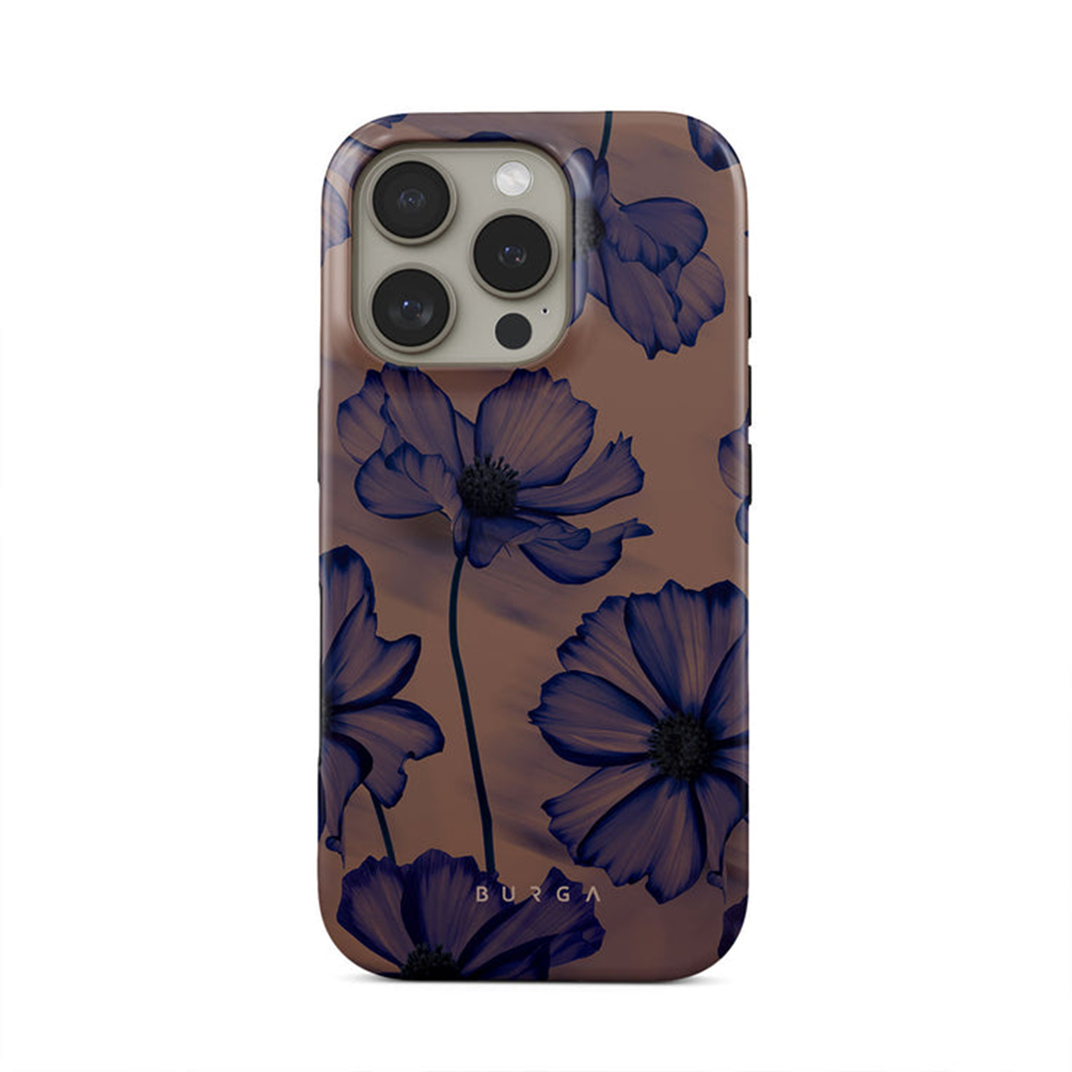 Bloemen telefoonhoesje met grote bloemen. Bruine en donkerblauwe kleuren. BURGA merk zichtbaar.