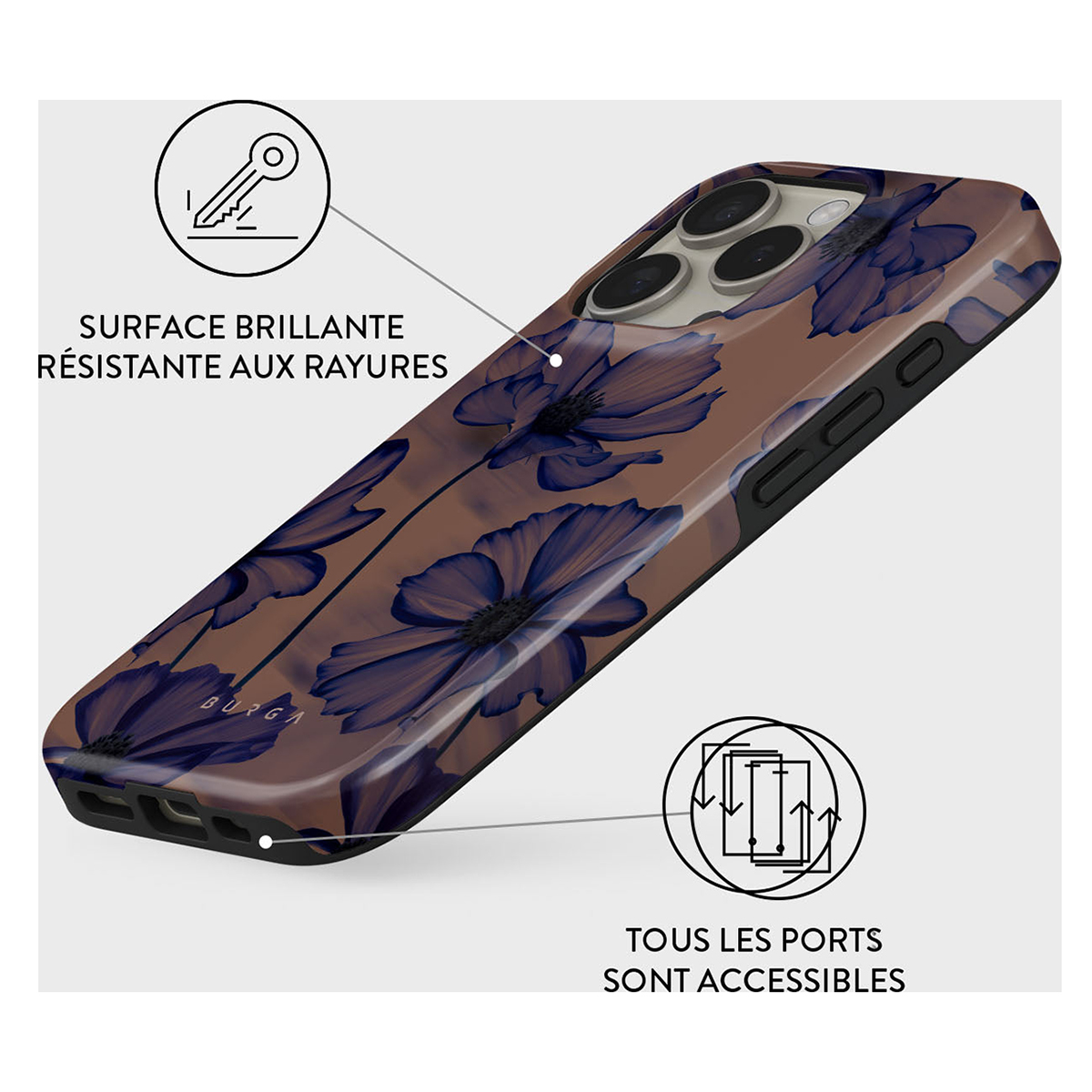 Telefoonhoesje met bloemenontwerp en tekst. De hoes heeft tekst over krasbestendigheid en toegankelijke poorten.