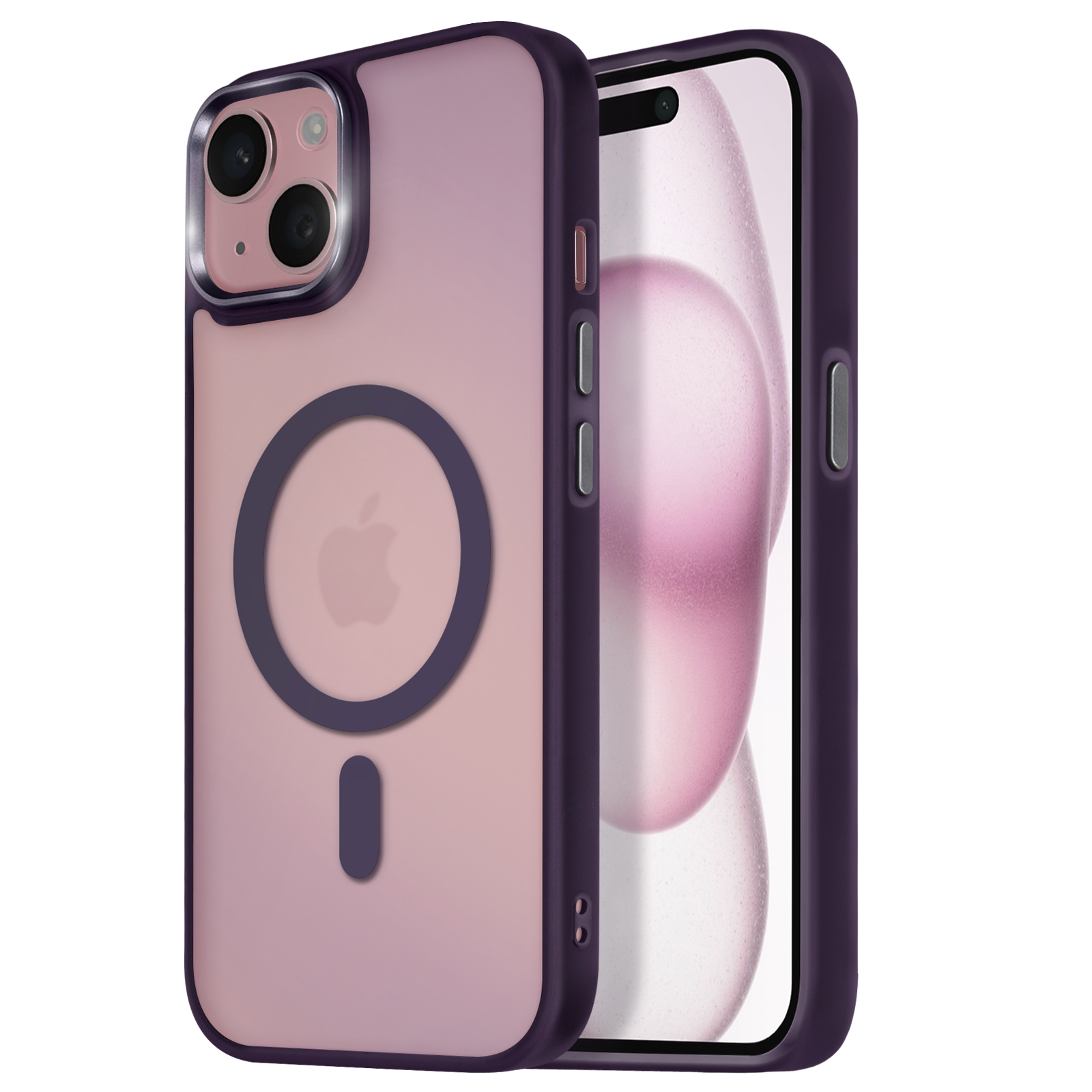Custodia viola per telefono con un telefono all'interno. La custodia ha un cerchio e un bordo viola.