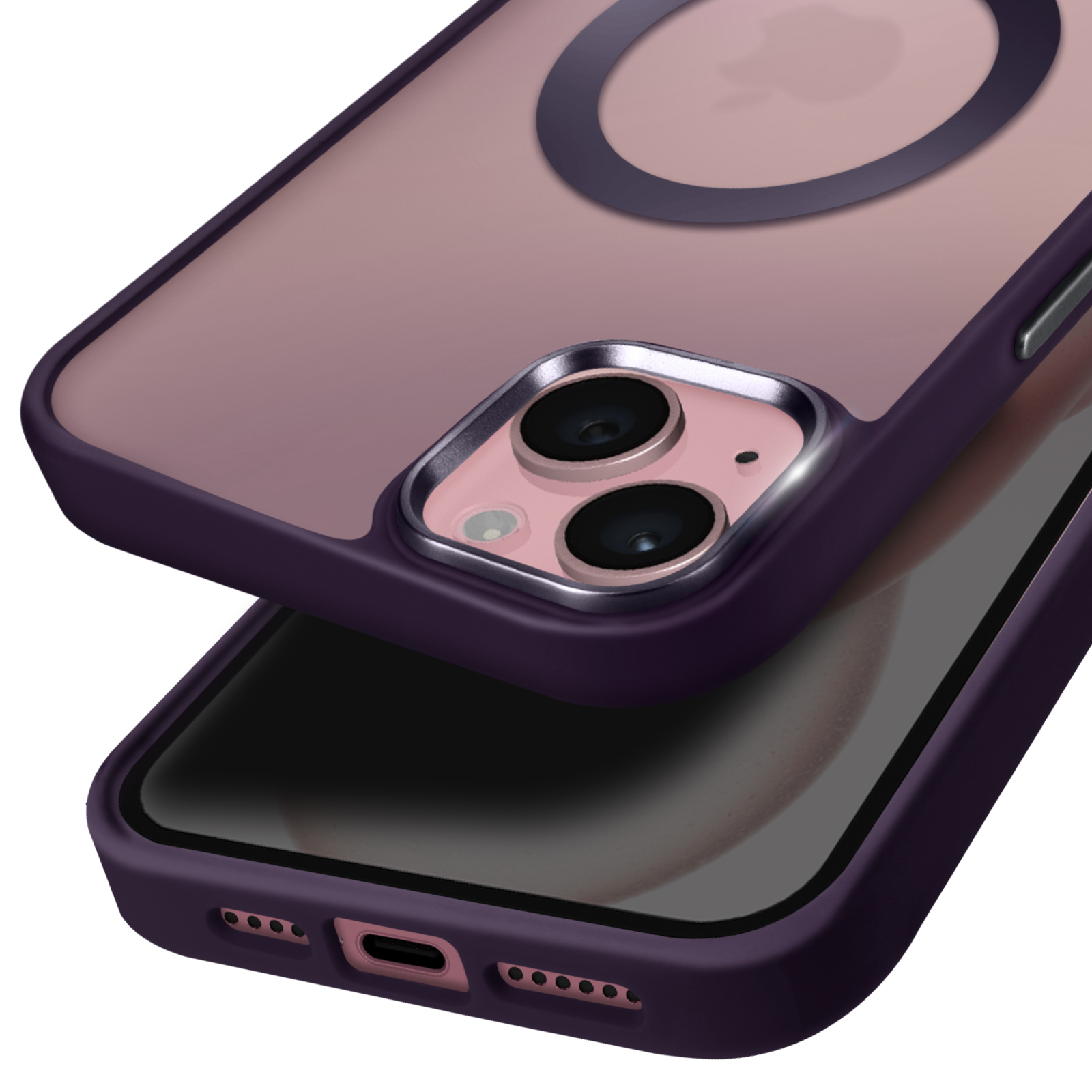 Custodia per telefono viola con un telefono all'interno. La custodia è intorno al telefono.