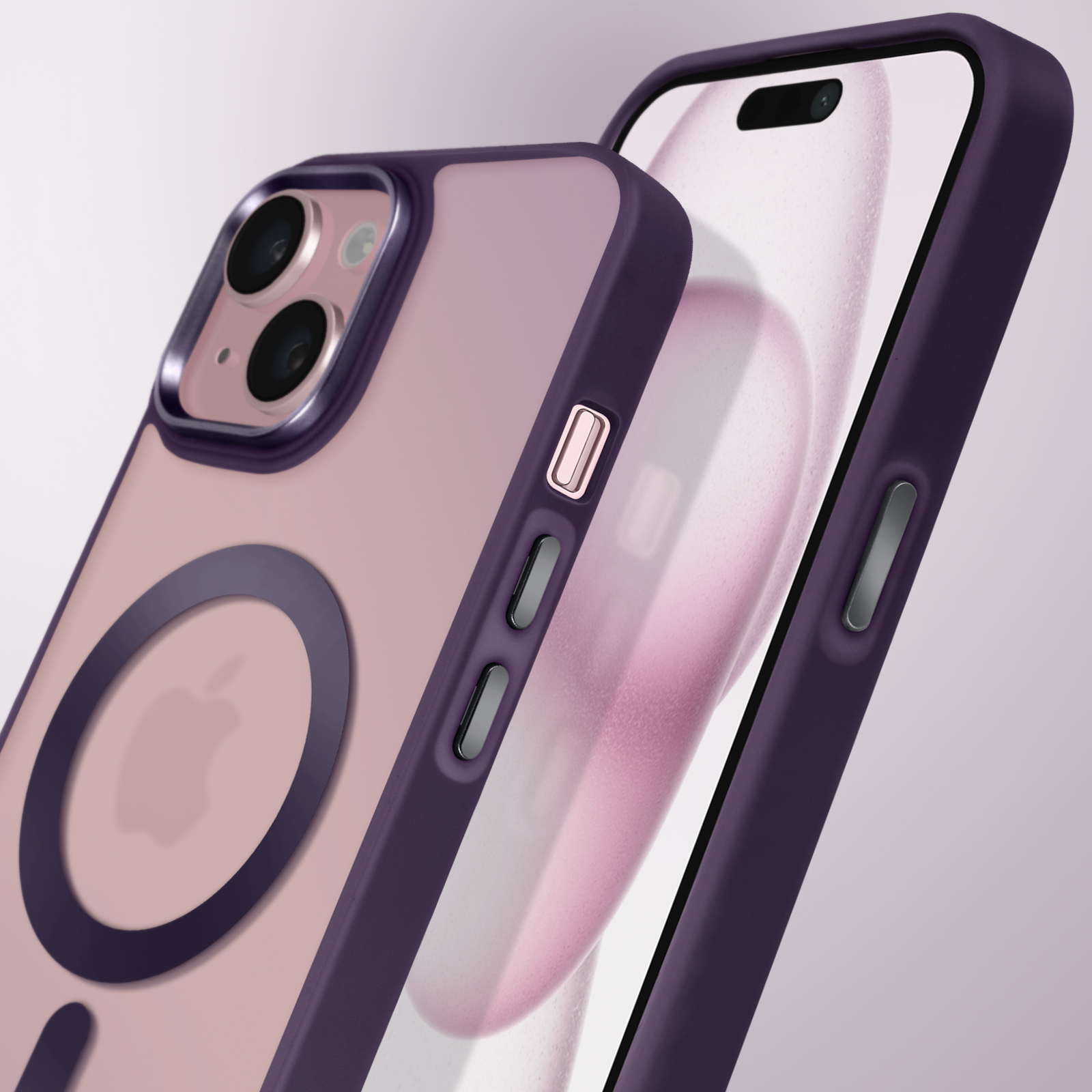 Custodia per telefono viola con anelli per fotocamera. Il telefono è su uno sfondo lavanda.