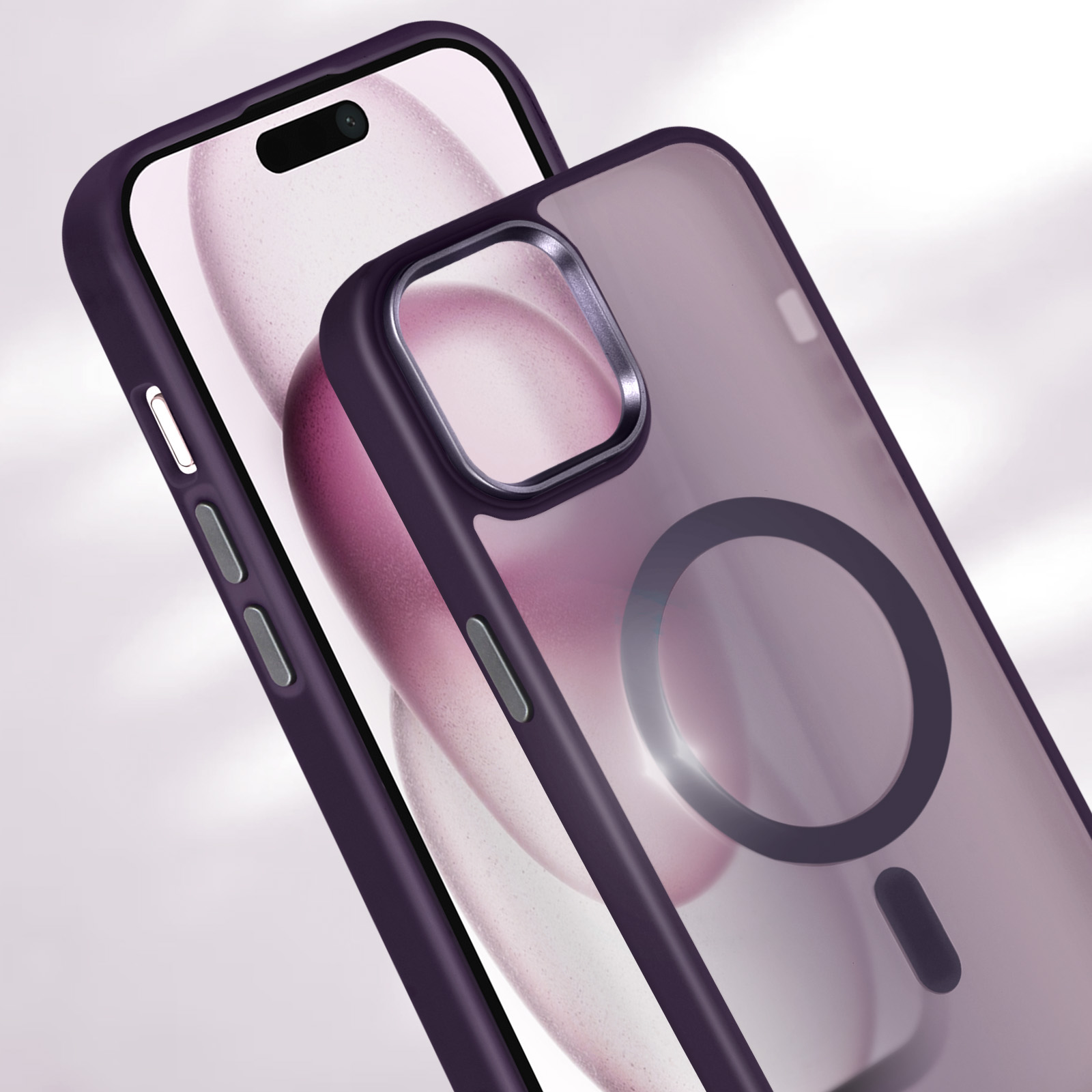 Un telefono viola con una custodia viola semitrasparente. Un'area magnetica circolare è visibile sulla custodia.