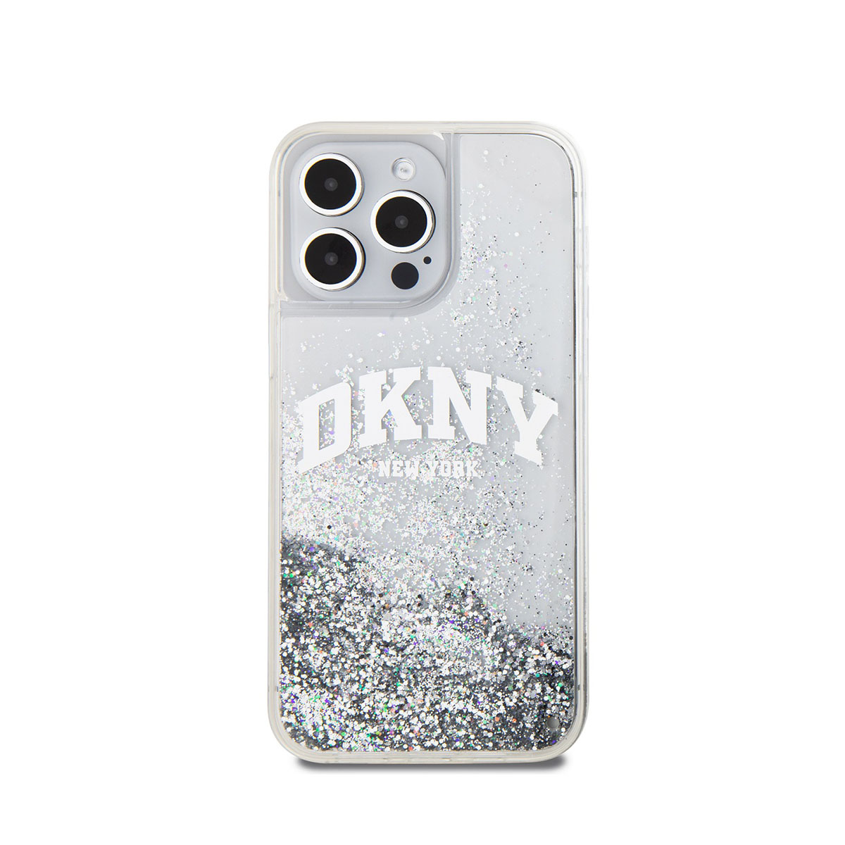 Custodia trasparente con logo DKNY e glitter argentati. Sfondo bianco.