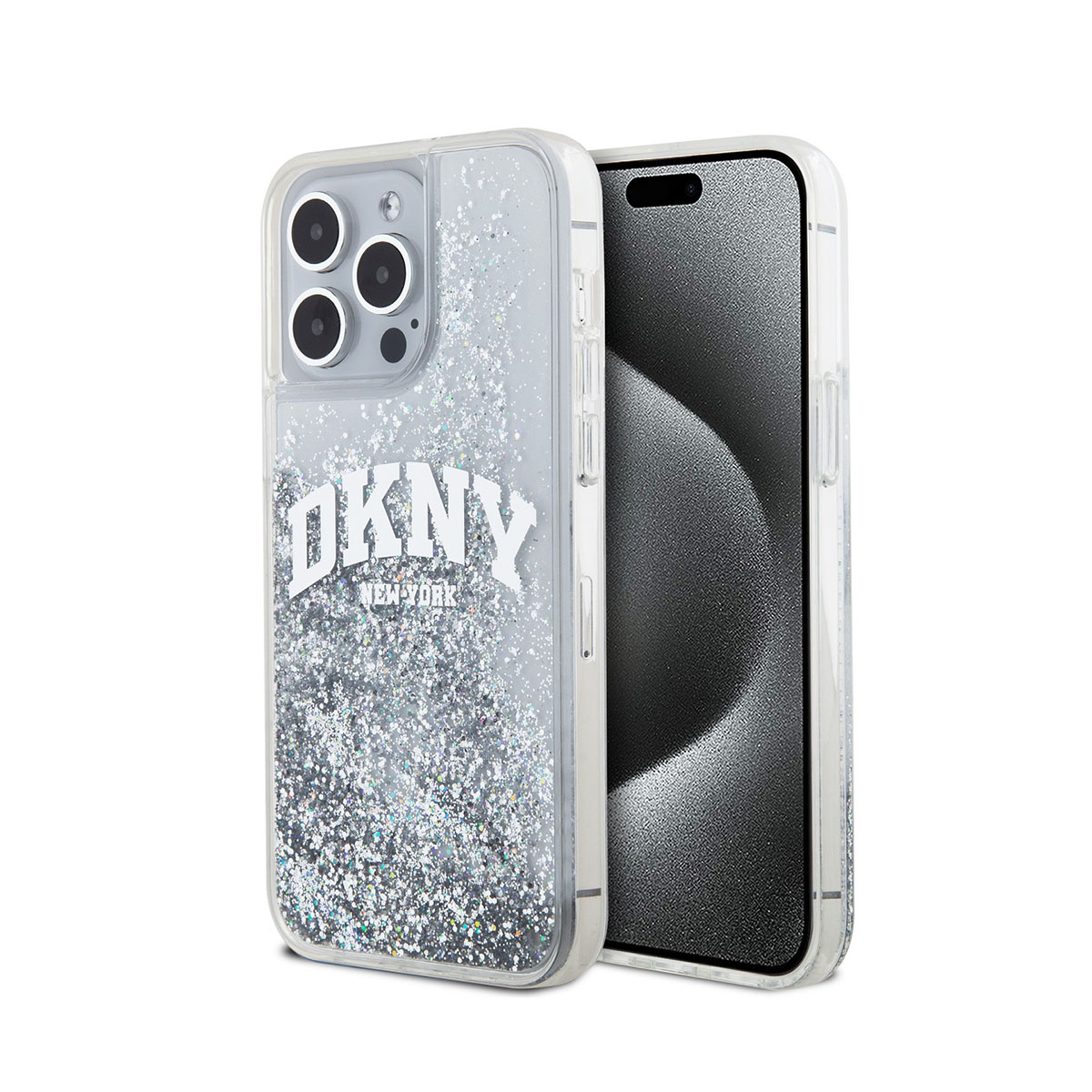 Custodia per telefono con glitter e logo DKNY. Schermo del telefono visibile. Sfondo bianco.