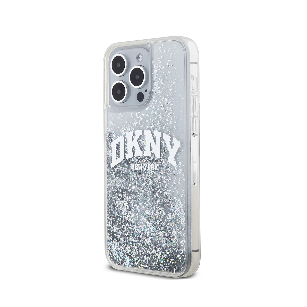 Viene mostrata una custodia per telefono. La custodia è trasparente con glitter all'interno. Ha le parole "DKNY NEW YORK".