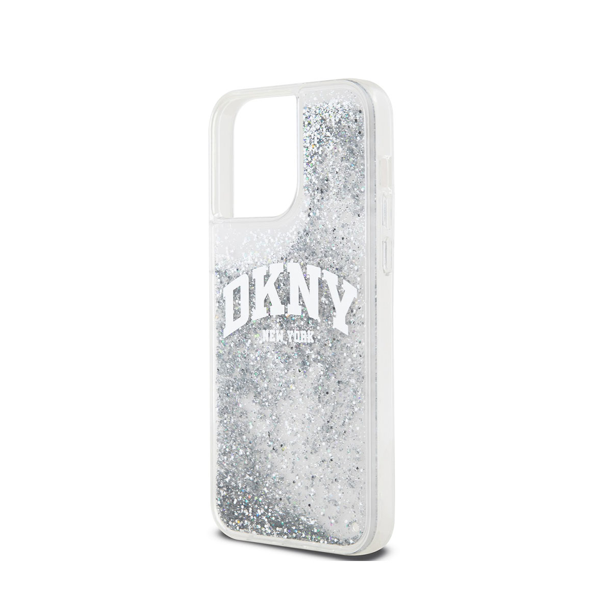 Custodia trasparente con glitter e logo DKNY New York.