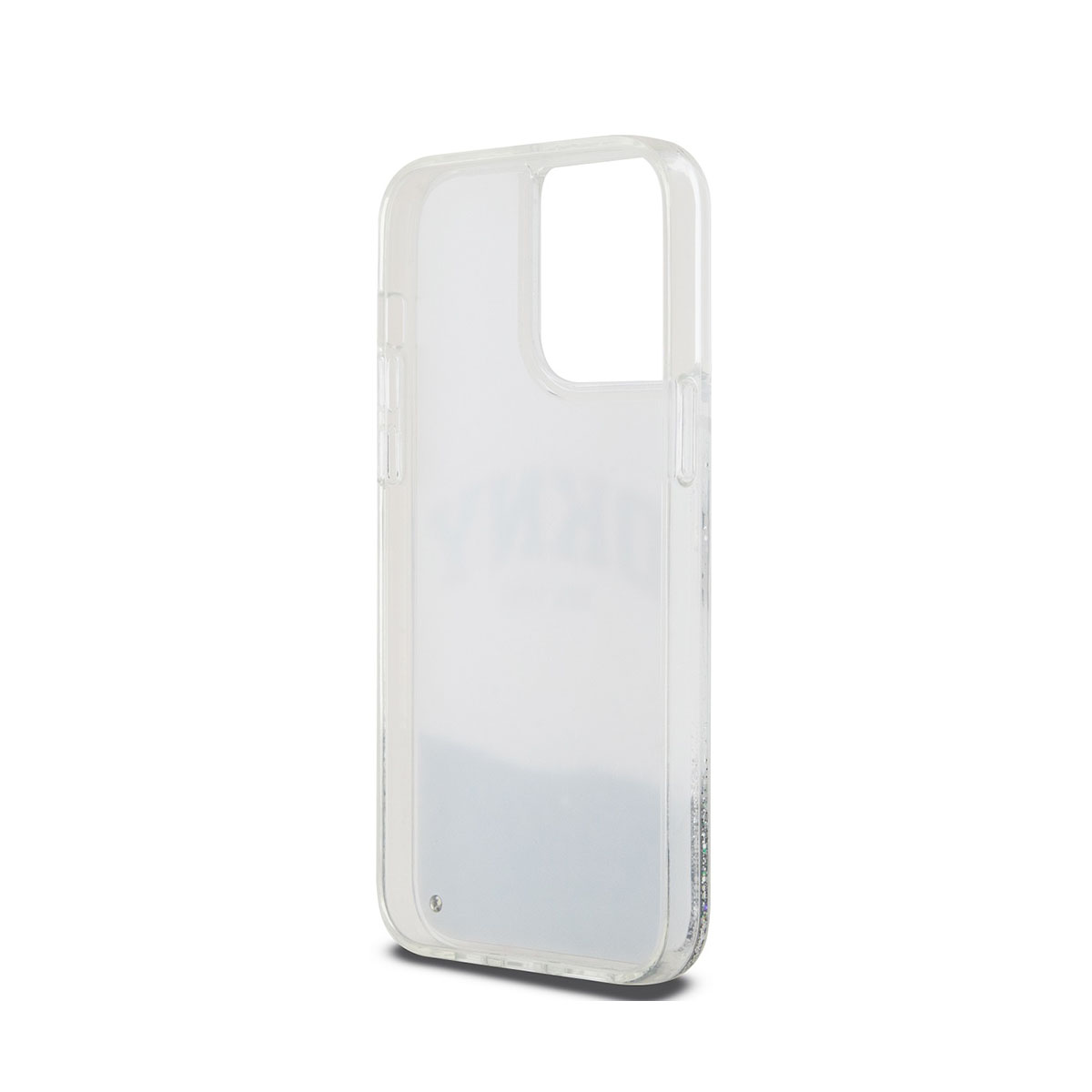 Custodia trasparente per telefono. La custodia è trasparente con un logo DKNY e glitter sul fondo.