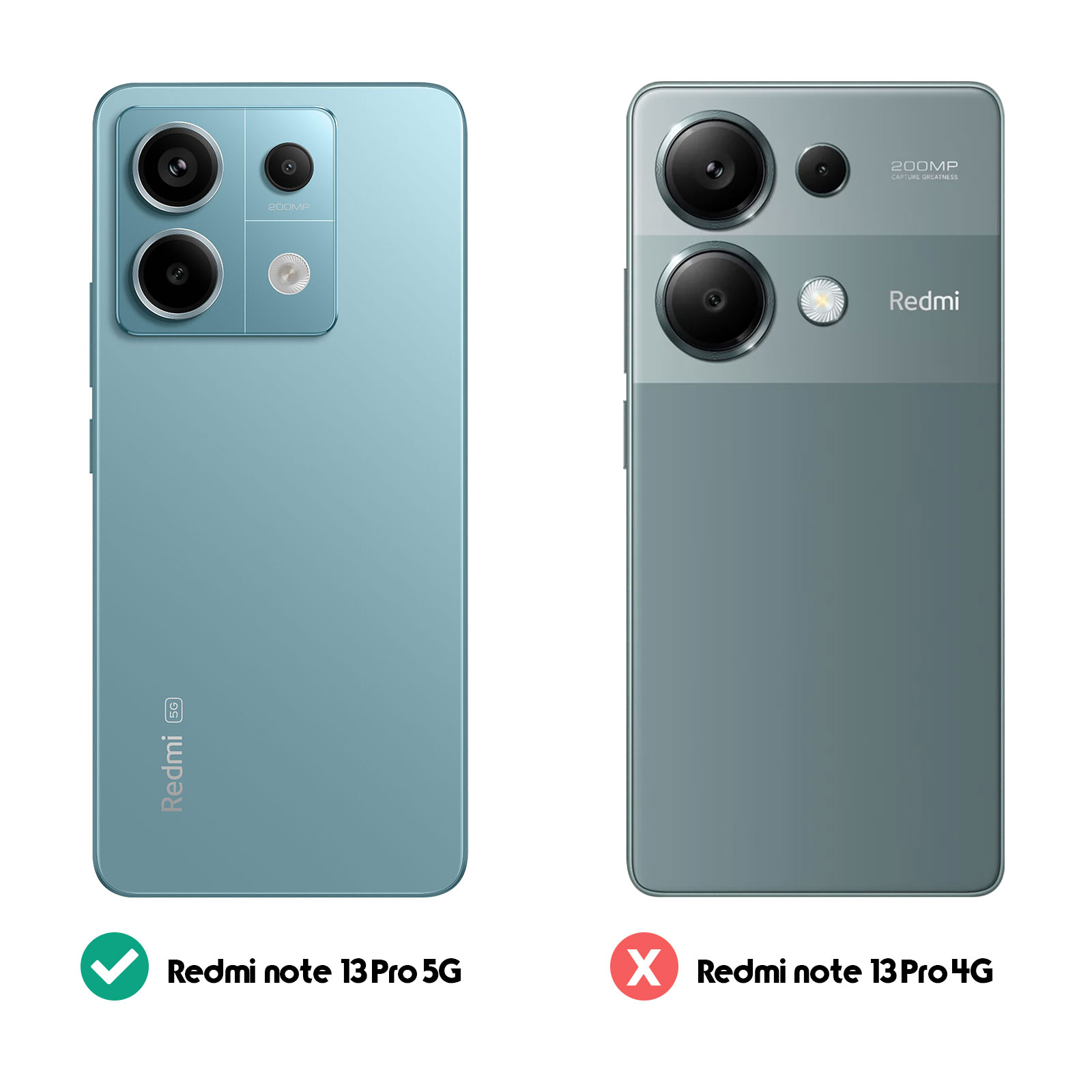 Due telefoni, uno con Redmi note 13 Pro 5G, l'altro con Redmi note 13 Pro 4G. Segno di spunta sul 5G.