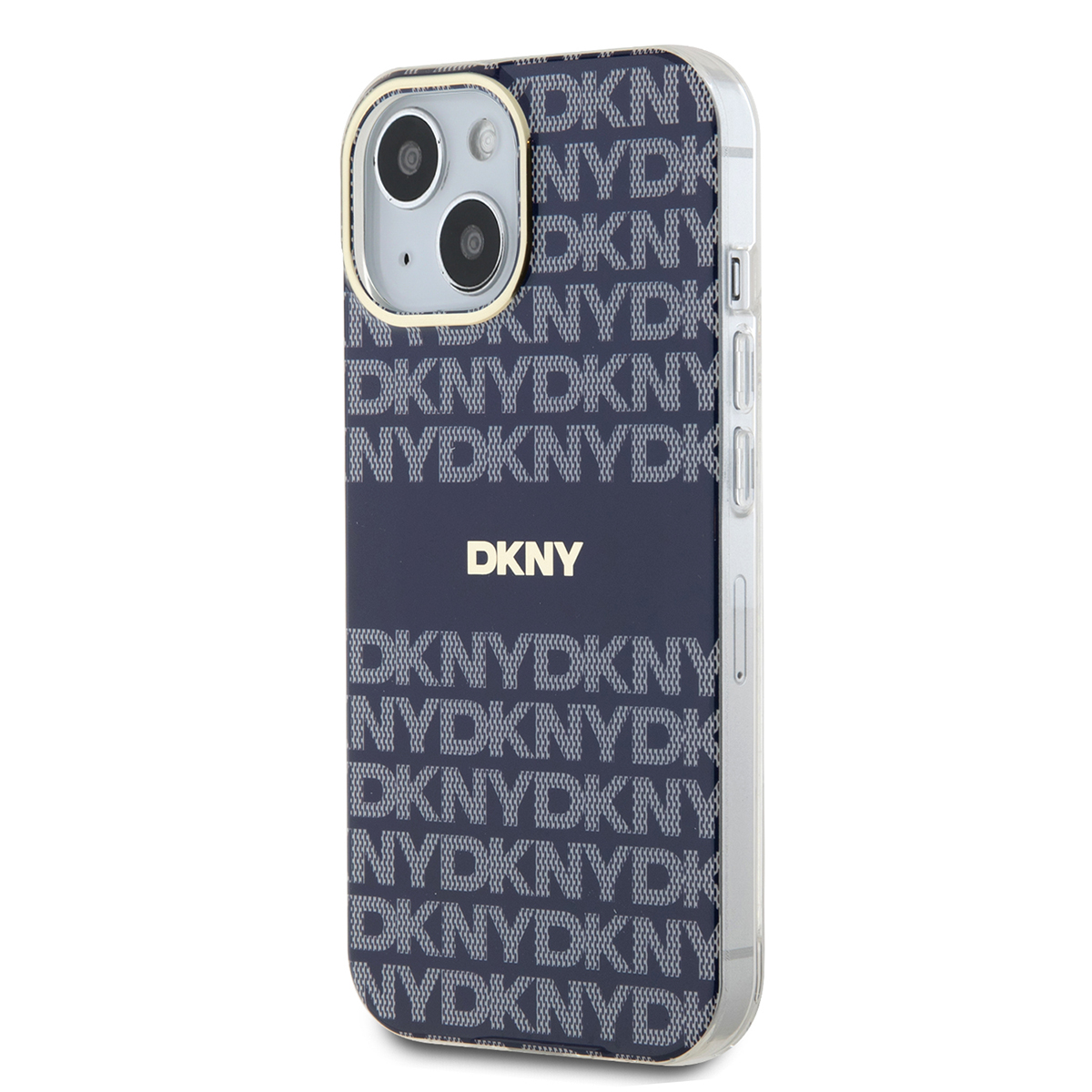 Una custodia per telefono con logo DKNY ripetuto. La custodia è trasparente e ha un anello per fotocamera color oro.