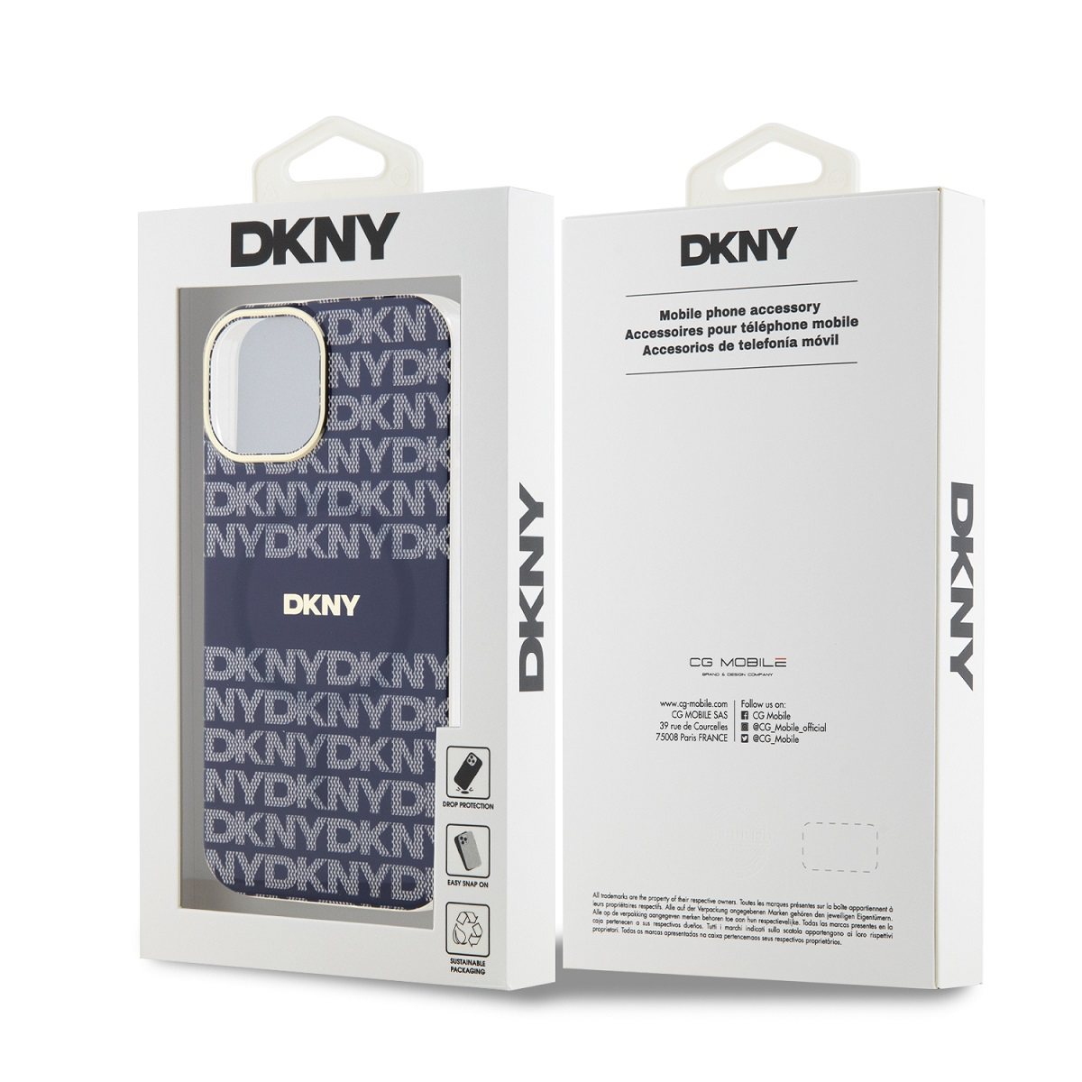 Confezione della custodia per telefono DKNY. La custodia ha i loghi DKNY. La scatola ha anche testo e loghi.