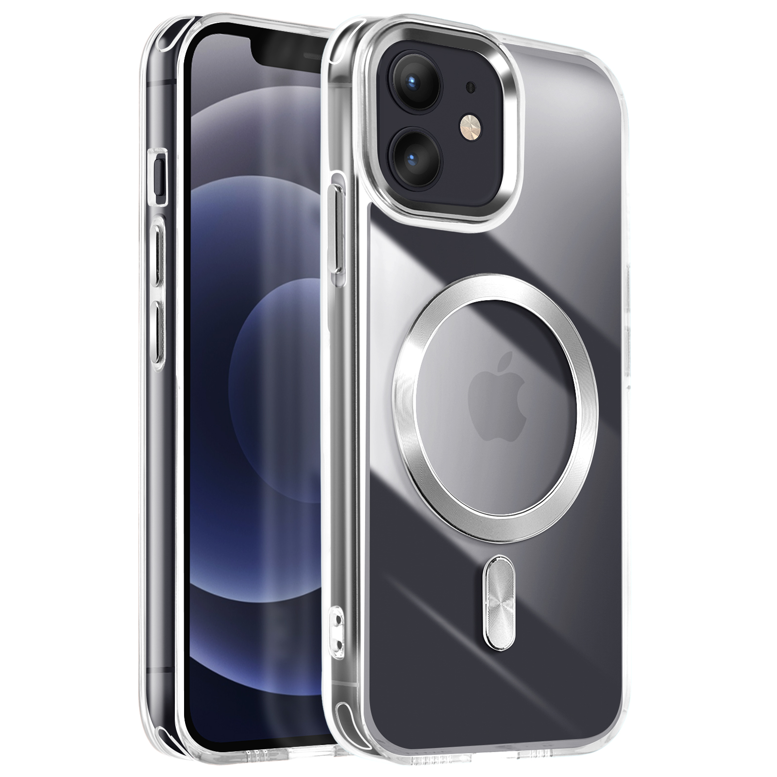 Un telefono con una custodia trasparente che mostra il logo Apple. La custodia ha un anello d'argento attorno alla fotocamera e magsafe.